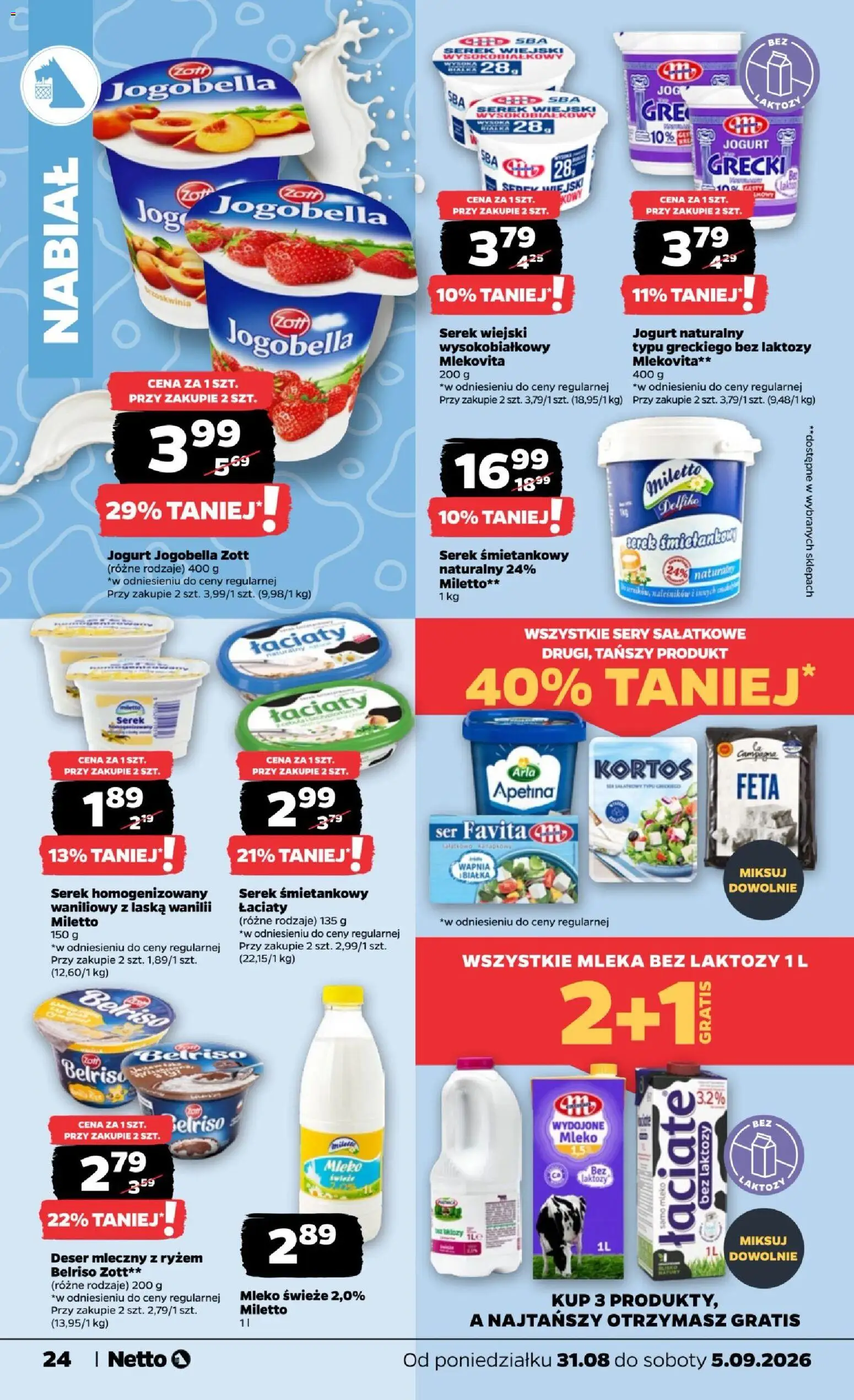 Netto gazetka od poniedziałku od 31.08.2026 | Strona: 24 | Produkty: Bez laktozy, Jogurt naturalny, Serek wiejski, Mleko