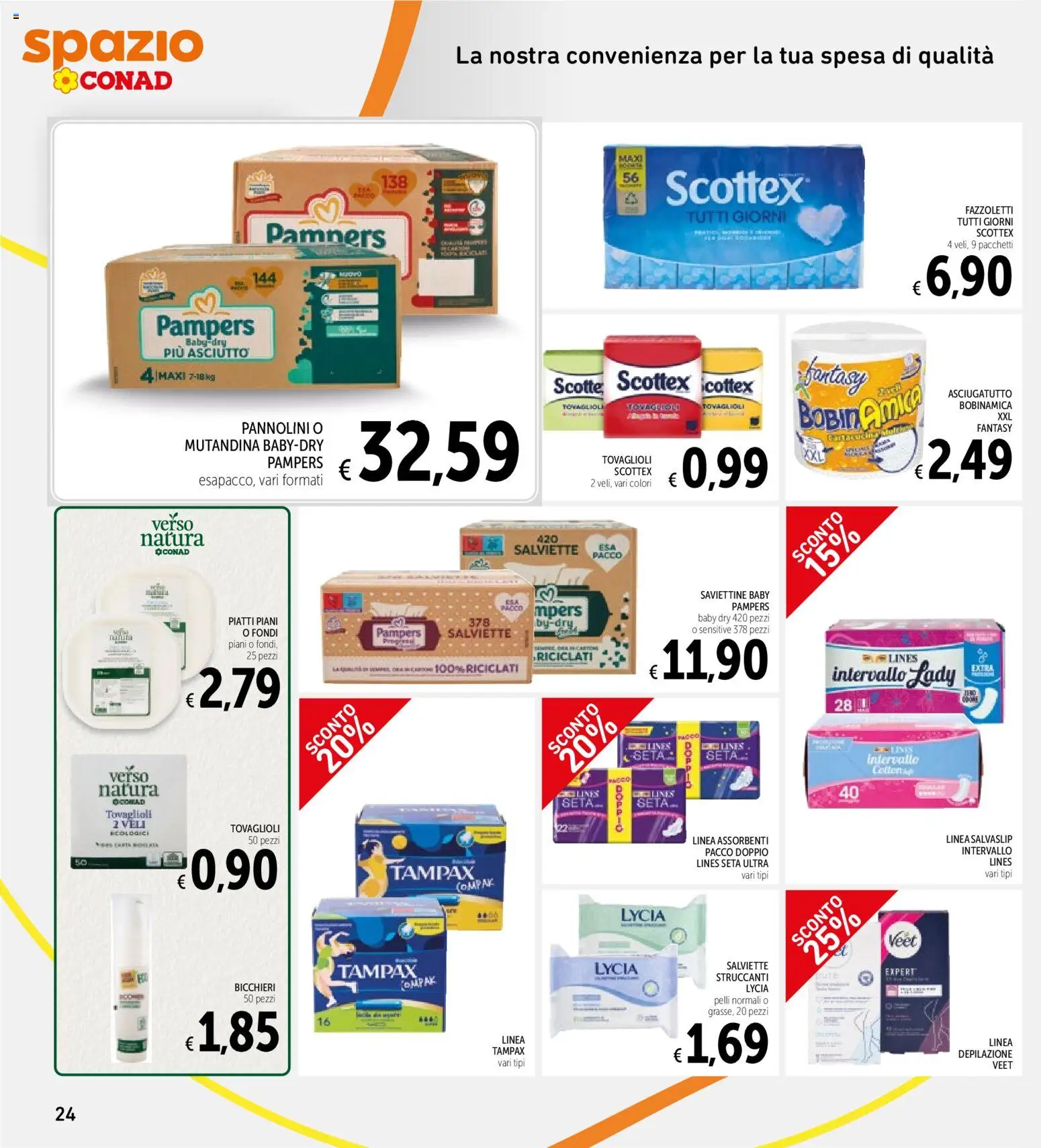 Volantino Spazio Conad del 04/09/2026 | Pagina: 24 | Prodotti: Piatti, Fazzoletti, Asciugatutto, Salvaslip
