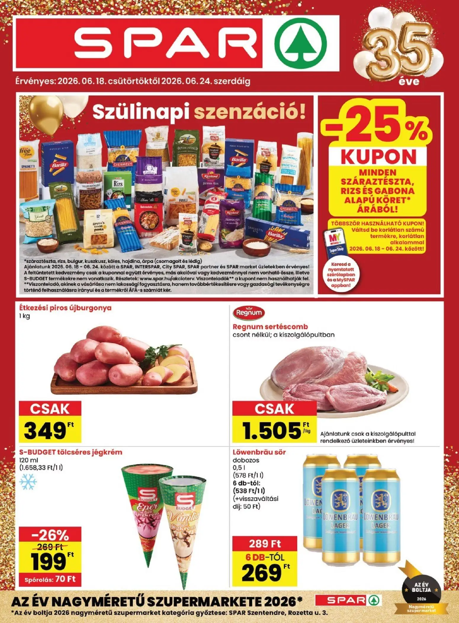Spar akciós ujság - amely érvényes a következő dátumtól: 18.06.2026 | Oldal: 1 | Termékek: Sertéscomb, Sör, Feferoni, Jégkrém