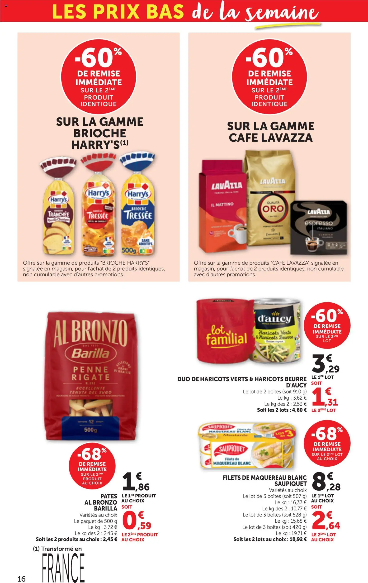 {H1} | Page: 16 | Produits: Maquereau, Haricots verts, Brioche, Haricots