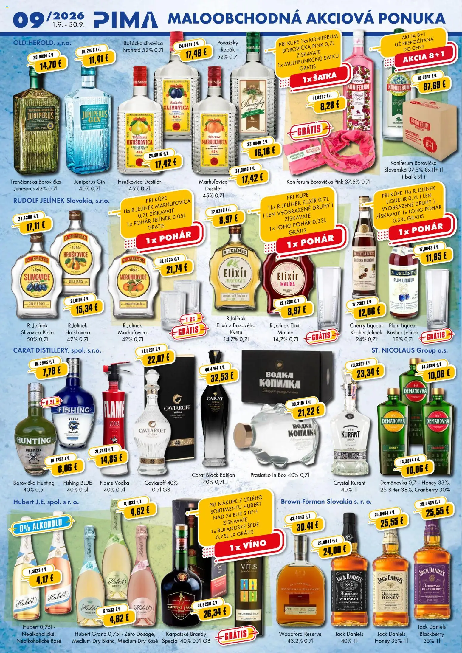 Nové PIMA s.r.o. akcie – leták je platný od 03.09.2026 | Strana: 2 | Produkty: Koniferum, Gin, Vodka, Šatka