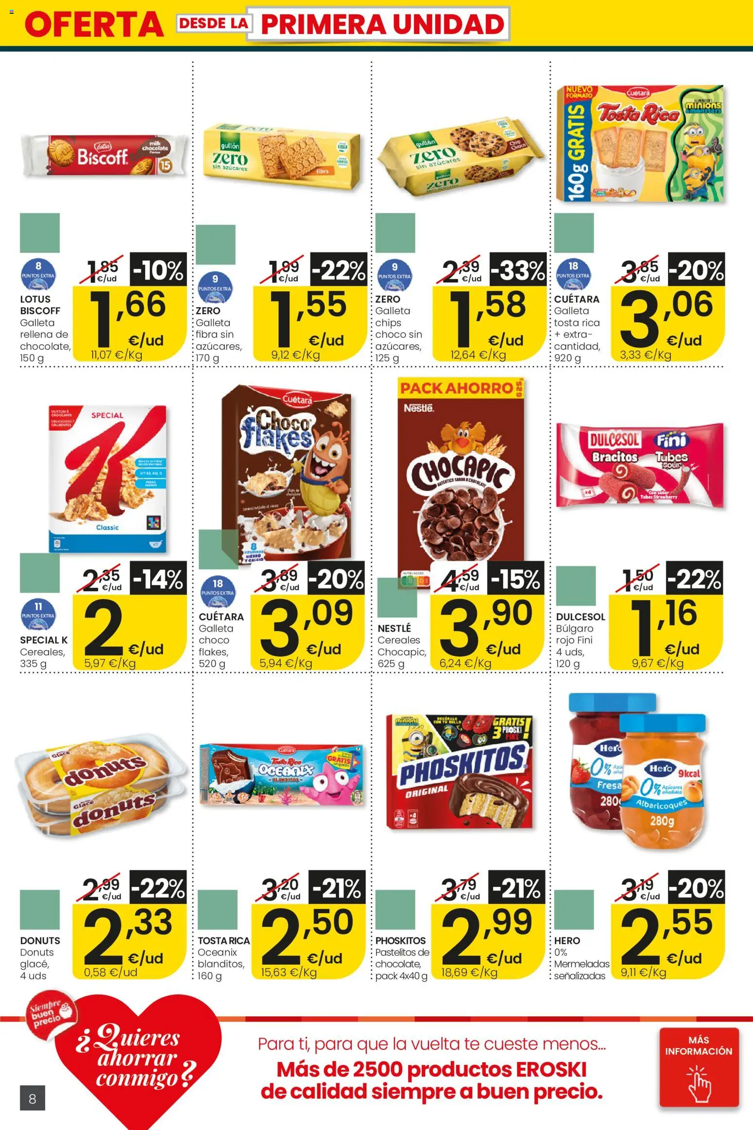 Eroski folleto │ válido desde el 27/08/2026 | Página: 8 | Productos: Chocolate, Cereales, Lotus, Donuts
