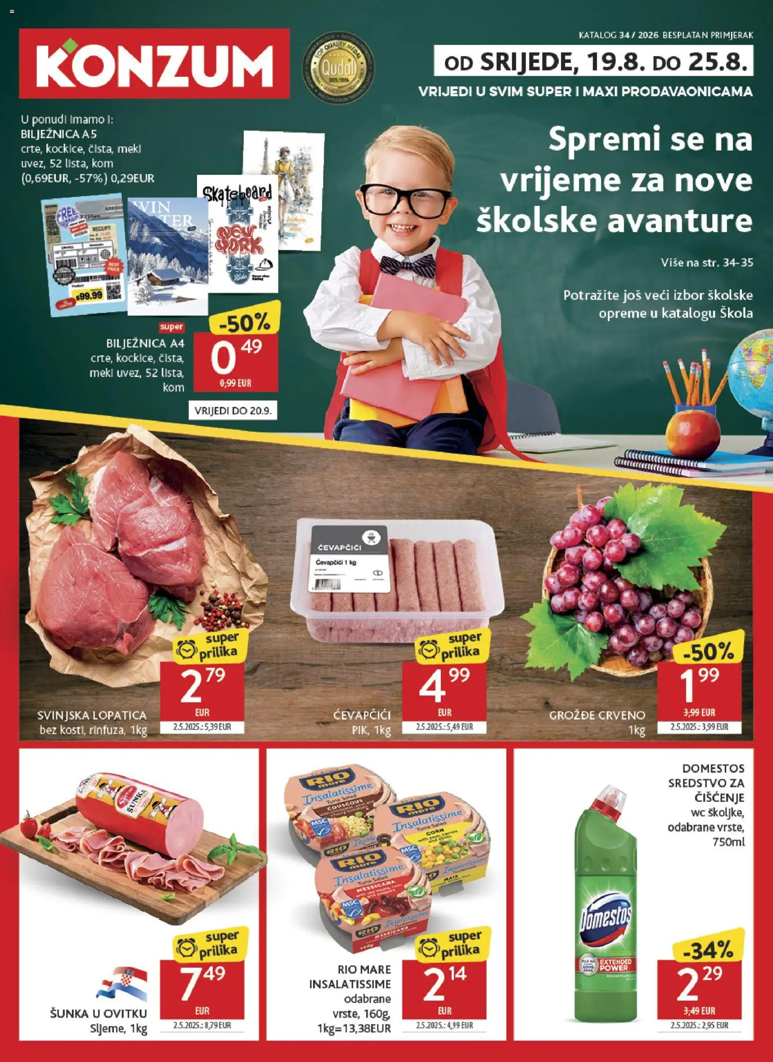Konzum HR akciós ujság - amely érvényes a következő dátumtól: 2026.08.19. | Oldal: 1 | Termékek: Rio Mare, WC, Domestos