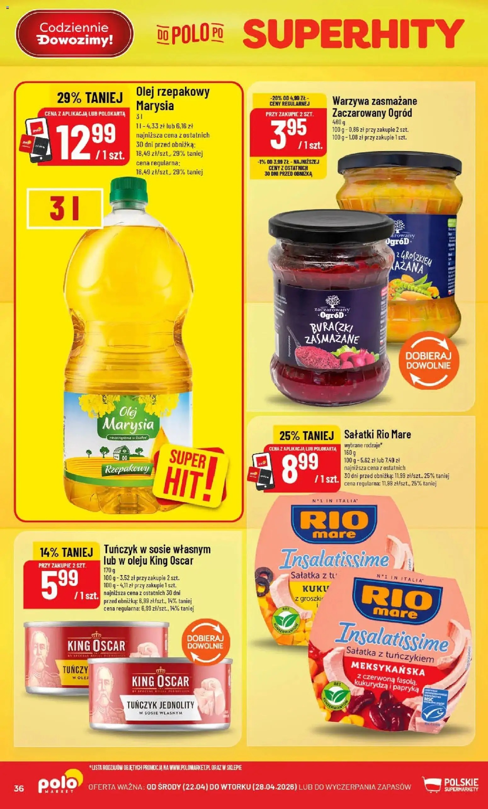 POLOmarket gazetka od 22.04.2026 | Strona: 36 | Produkty: Olej rzepakowy, Tuńczyk w sosie własnym, Buraczki zasmażane, Sałatka