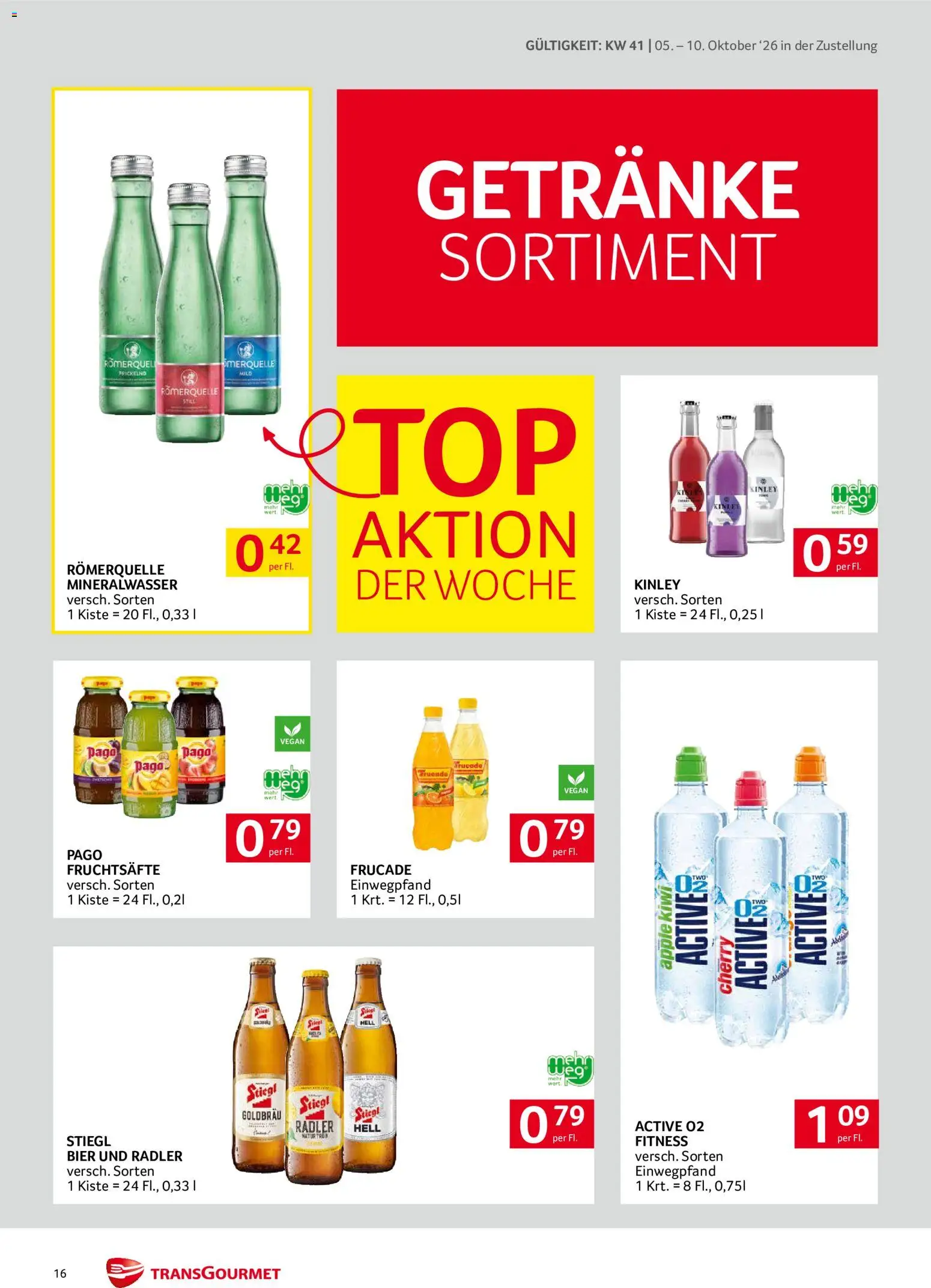 Transgourmet Zustellaktion gültig ab 05.10.2026 | Seite: 16 | Produkte: Getränke, Mineralwasser, Radler, Apple