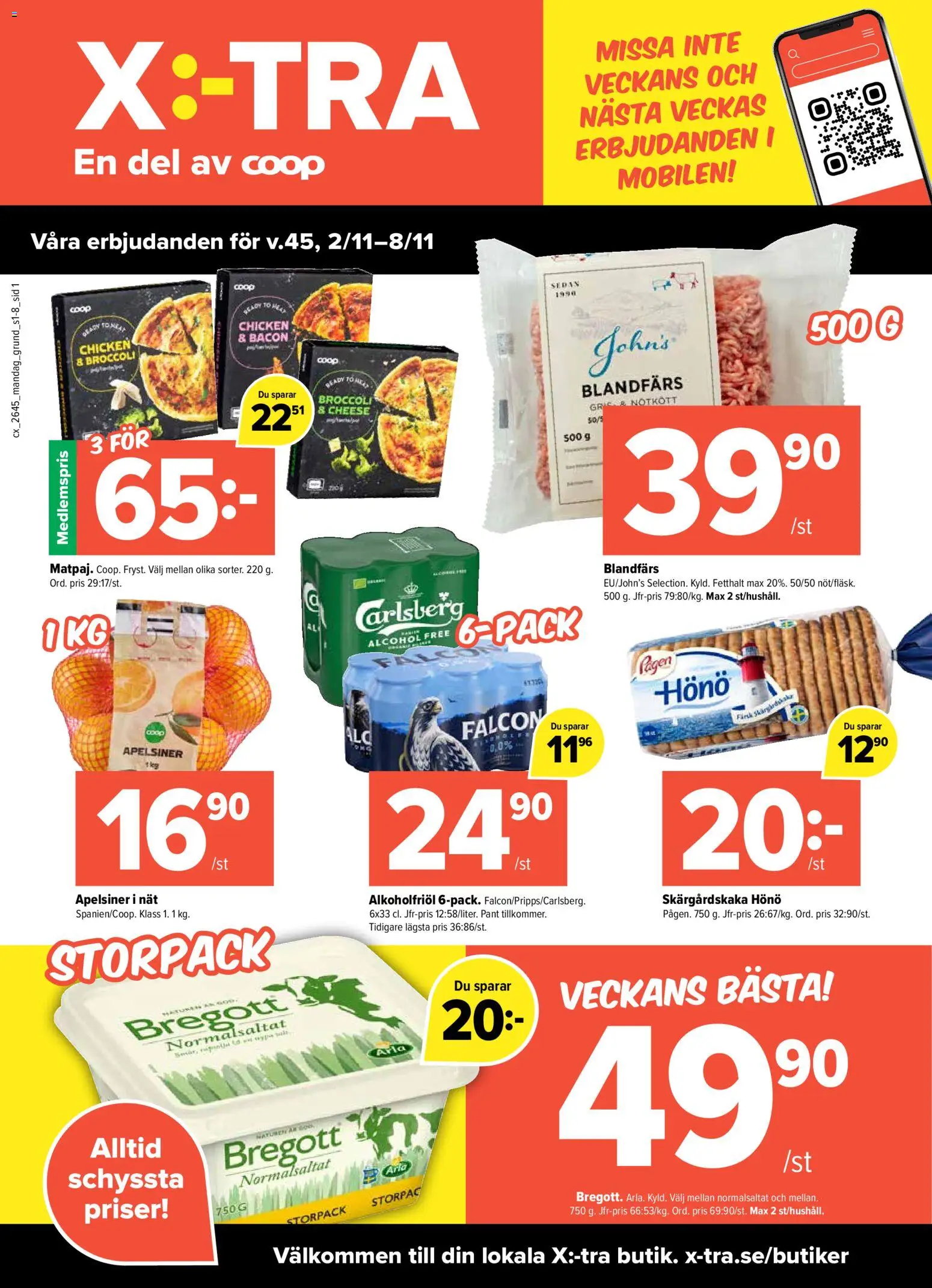 Coop X:-TRA reklamblad aktuell från 02/11/2026 | Sida: 1 | Produkter: Blandfärs, Apelsiner, Nötkött, Broccoli