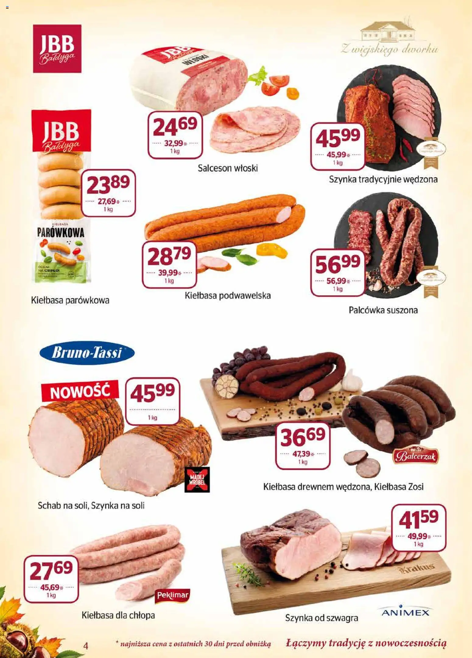 Społem gazetka od 01.10.2026 | Strona: 4 | Produkty: Kiełbasa, Szynka, Salceson, Kiełbasa podwawelska