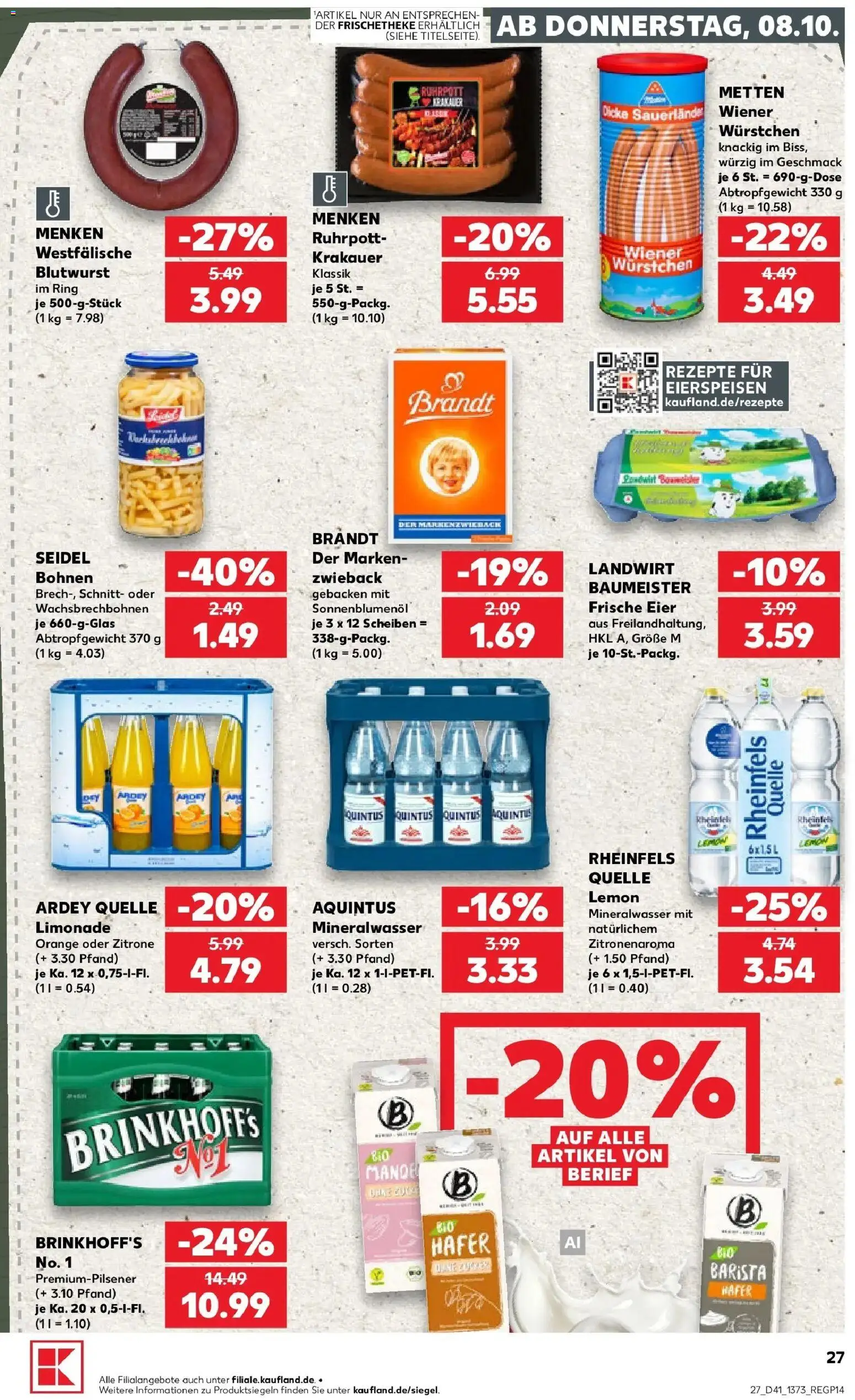 Prospekt Kaufland ab 08.10.2026 » Angebote Online zum Blättern | Seite: 27 | Produkte: Eier, Sonnenblumenol, Mineralwasser, Rheinfels quelle