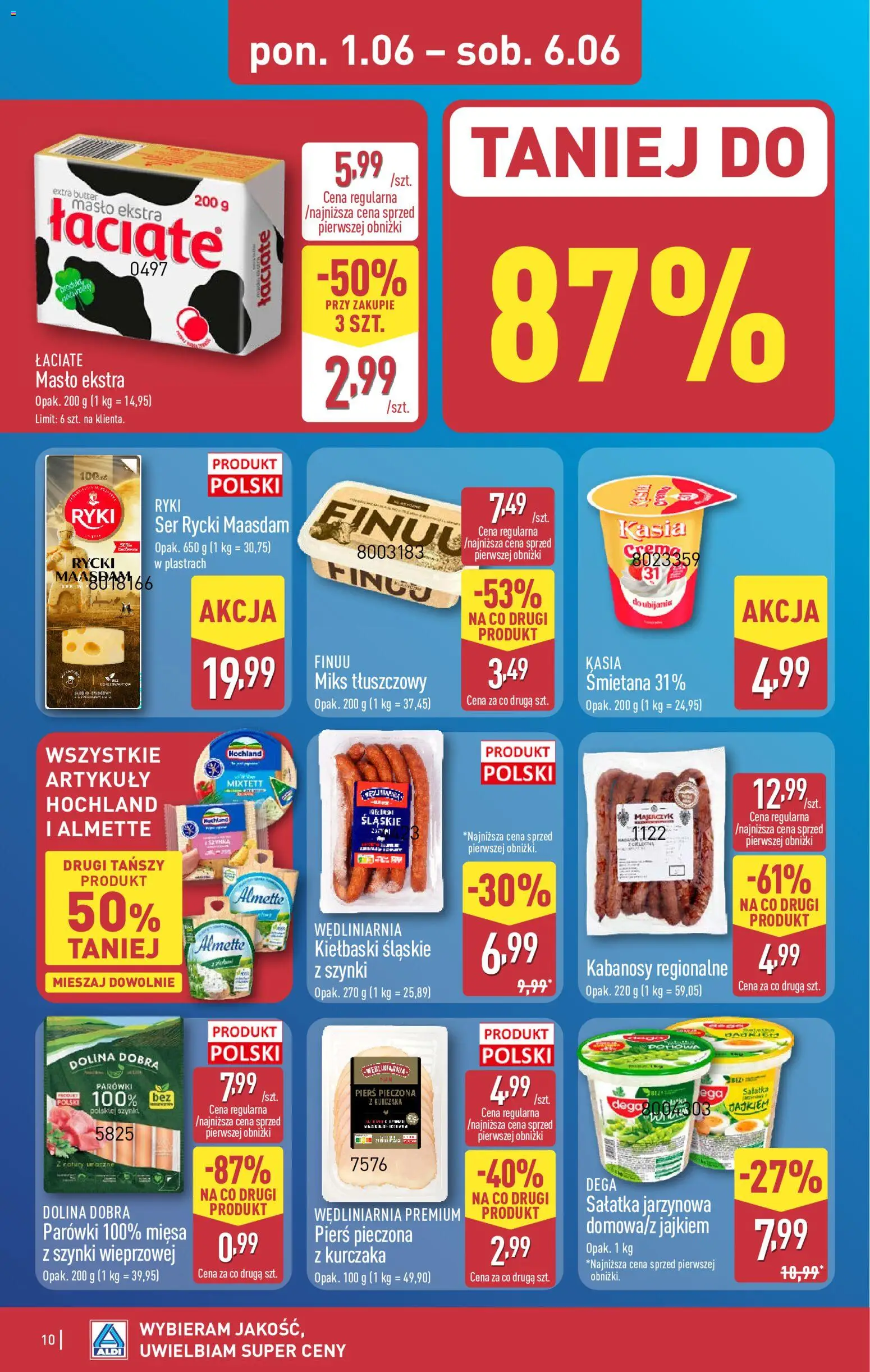 Aldi gazetka od 01.06.2026 | Strona: 10 | Produkty: Parówki, Kiełbaski, Śmietana, Sałatka