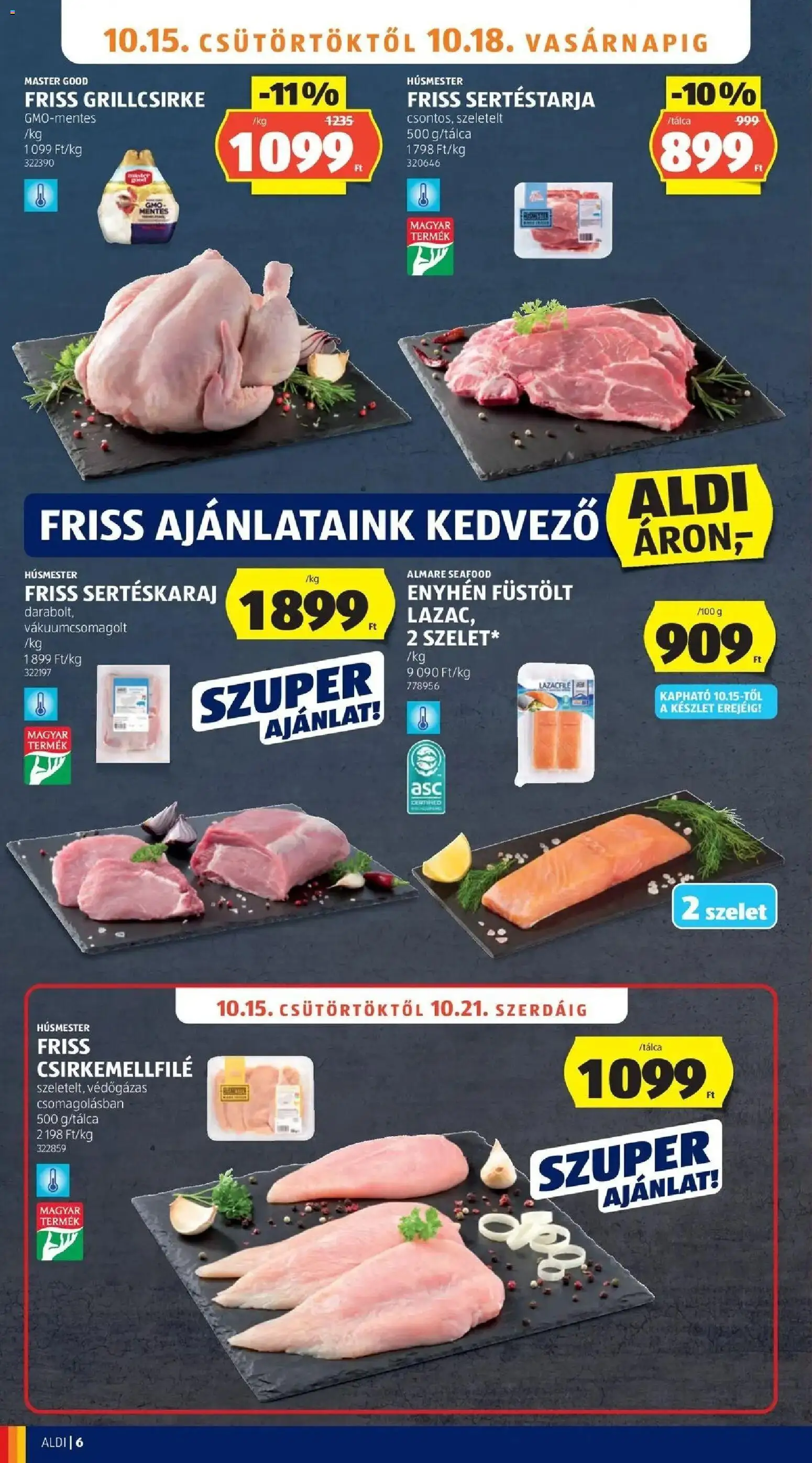 Aldi akciós ujság - amely érvényes a következő dátumtól: 2026.10.15. | Oldal: 6 | Termékek: Seafood, Szelet, Sertéskaraj, Lazacfilé
