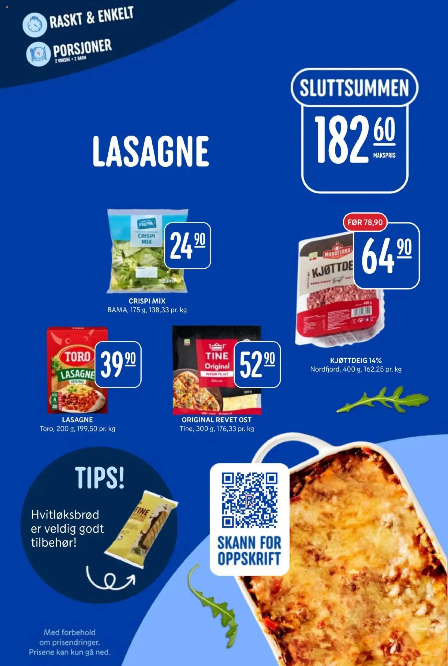 {H1} | Side: 3 | Produkter: Ost, Lasagne, Kjøttdeig, Hvitløksbrød