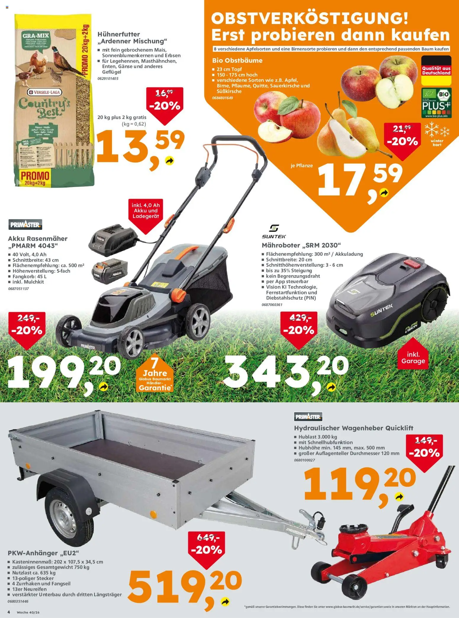 Globus Baumarkt Prospekt Berlin-Treptow – gültig ab 01.10.2026 | Seite: 4 | Produkte: Rasenmäher, Ladegerät, Erbsen