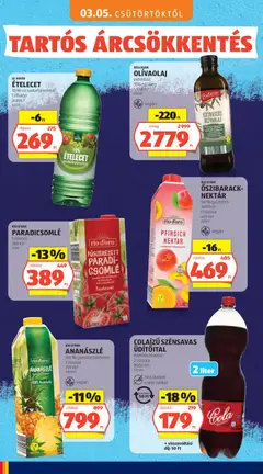 ANANÁSZLÉ, 100% gyümölcstartalom, 1l/doboz - amely érvényes a következő dátumtól: 03.05.2026 | Oldal: 24 | Termékek: Cola, Paradicsomlé, Cukor, Olívaolaj
