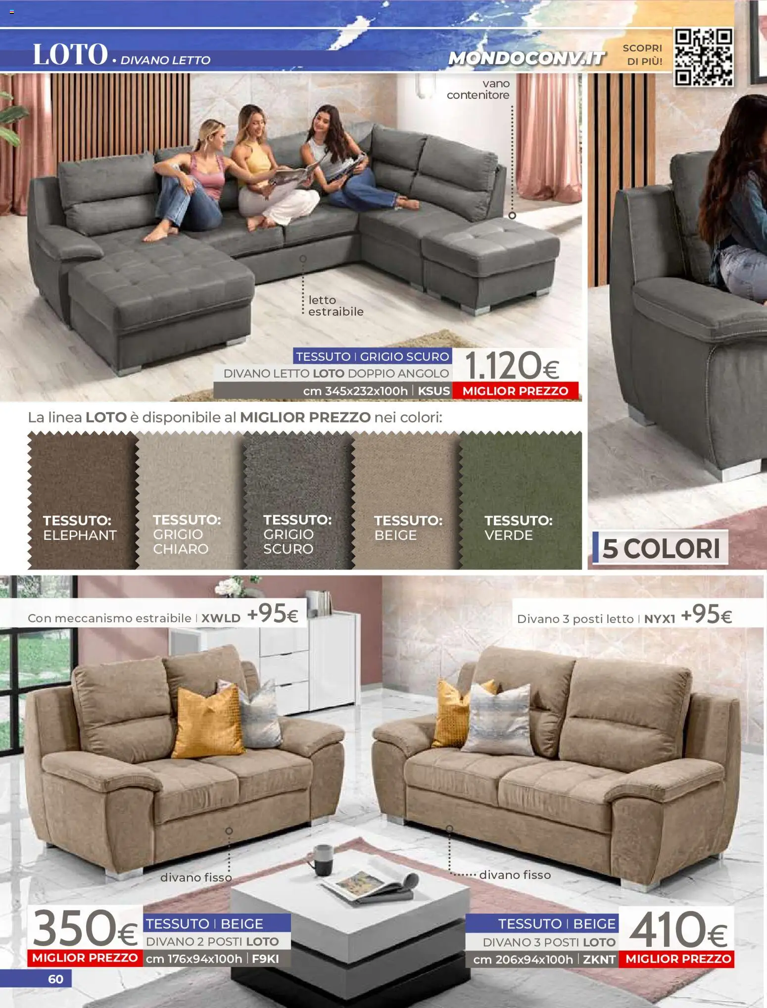 Volantino Mondo Convenienza del 01/07/2026 | Pagina: 62 | Prodotti: Divano letto, Contenitore, Letto, Divano