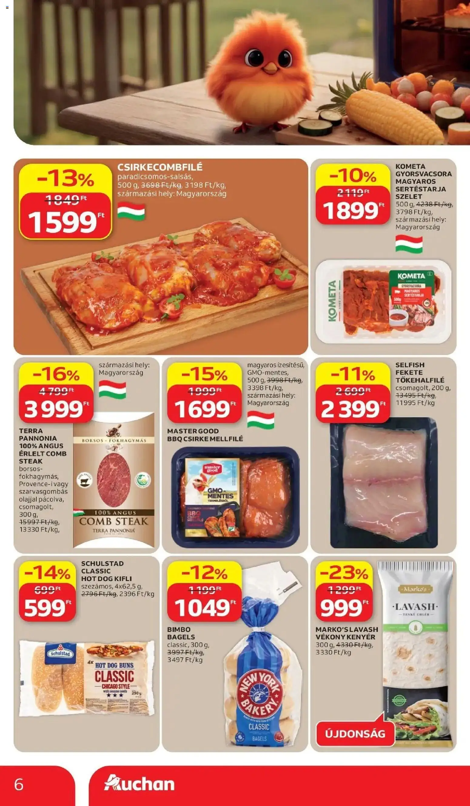 Auchan akciós ujság - amely érvényes a következő dátumtól: 11.06.2026 | Oldal: 6 | Termékek: Sertéstarja, Hot dog, Kifli, Kenyér