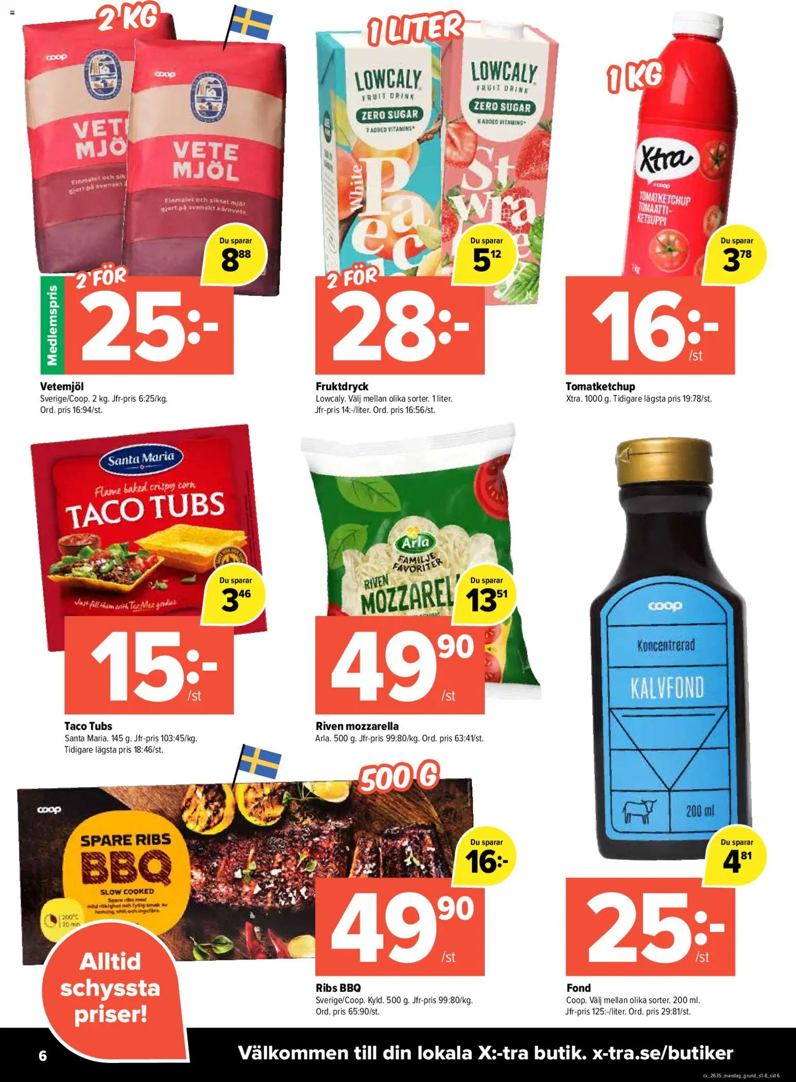 Coop X:-TRA reklamblad aktuell från 24/08/2026 | Sida: 6 | Produkter: Mjöl, Mozzarella, Fond, Väst