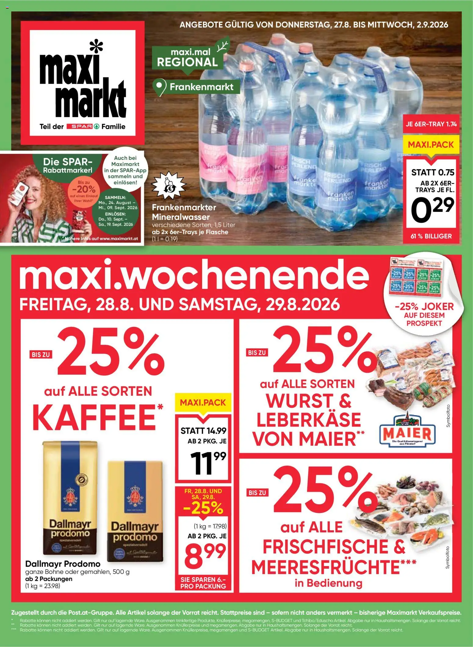 Maximarkt Flugblatt gültig ab 27.08.2026 | Seite: 1 | Produkte: Meeresfrüchte, Wurst, Bohne, Kaffee
