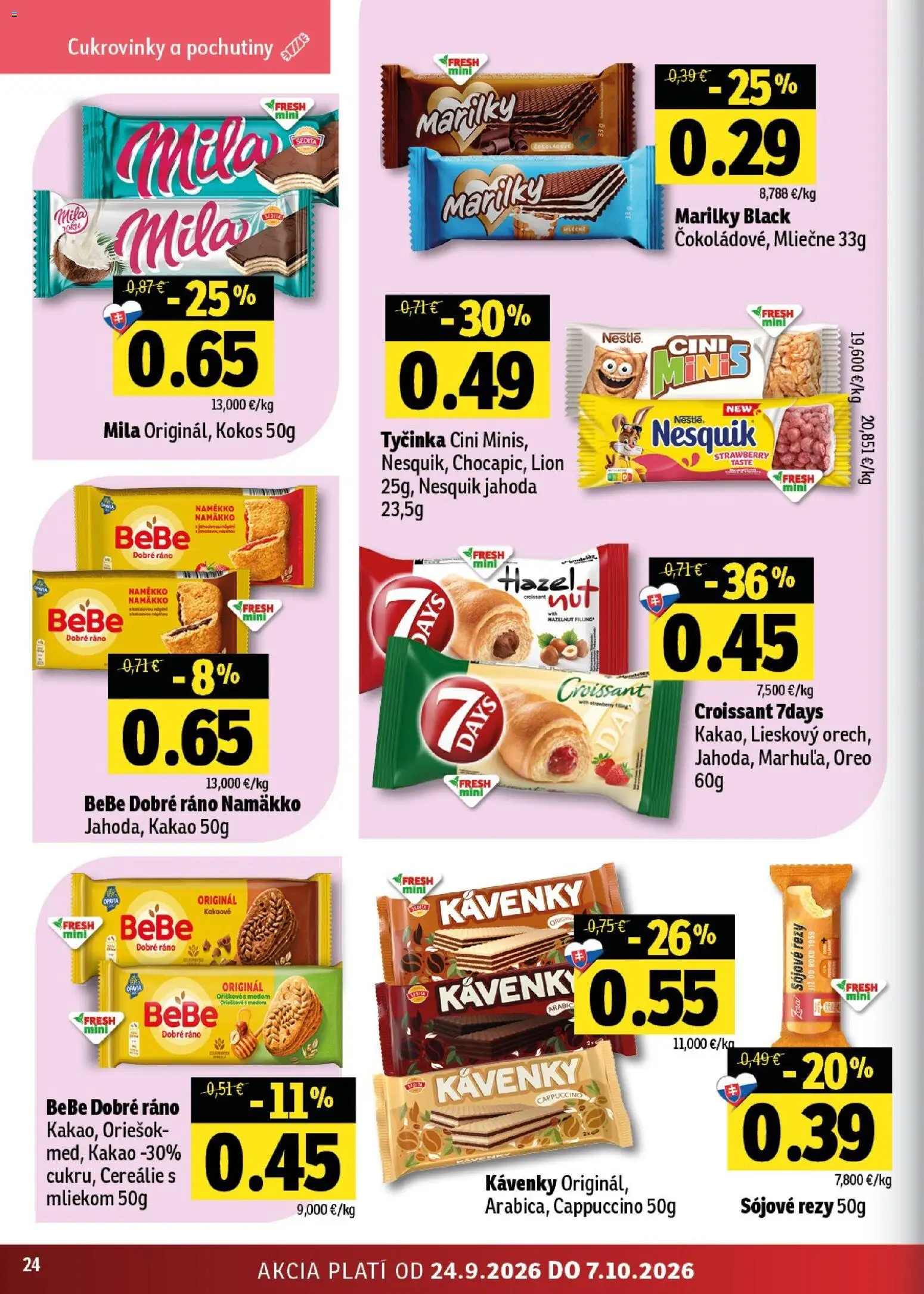 Nové Fresh akcie – leták je platný od 24.09.2026 | Strana: 24 | Produkty: Kokos, BeBe Dobré ráno, Croissant, Nesquik