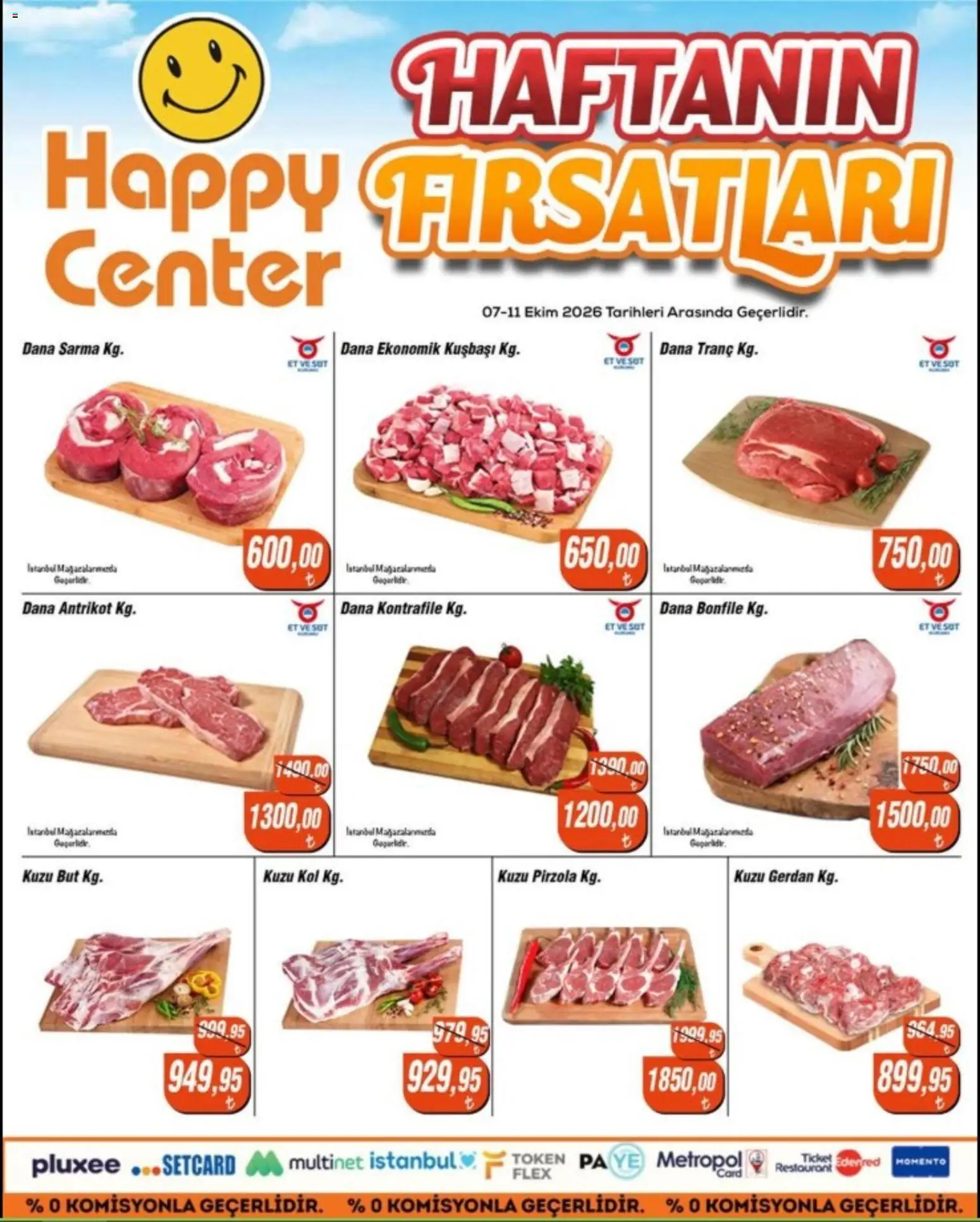 Happy Center - Kasap - 07 Ekim 2026 tarihinden itibaren geçerlidir | Sayfa: 1 | Ürünler: Süt, Et, Pirzola, Bonfile