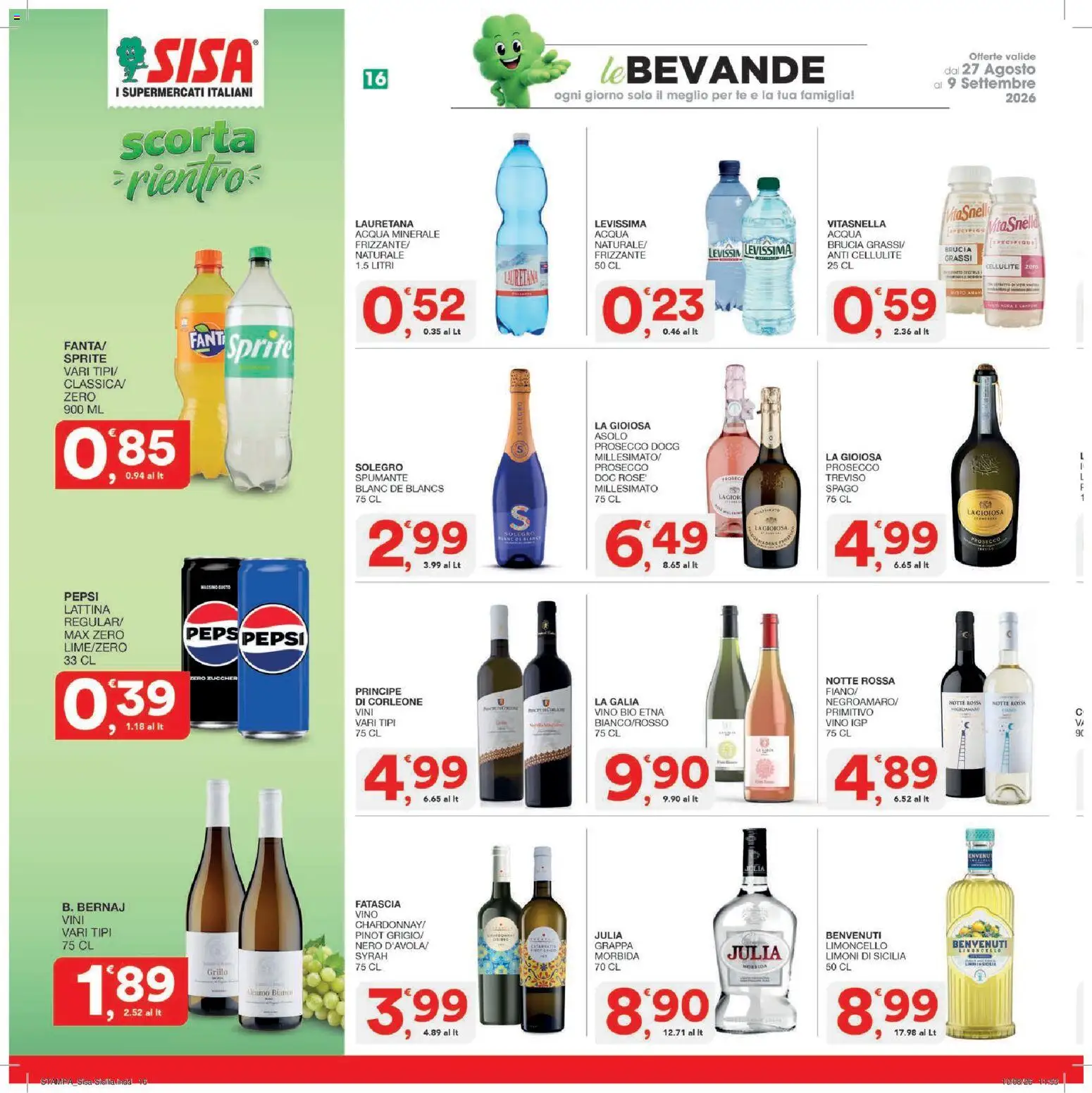 Volantino SISA del 27/08/2026 | Pagina: 16 | Prodotti: Vino, Limoni, Pepsi, Sprite