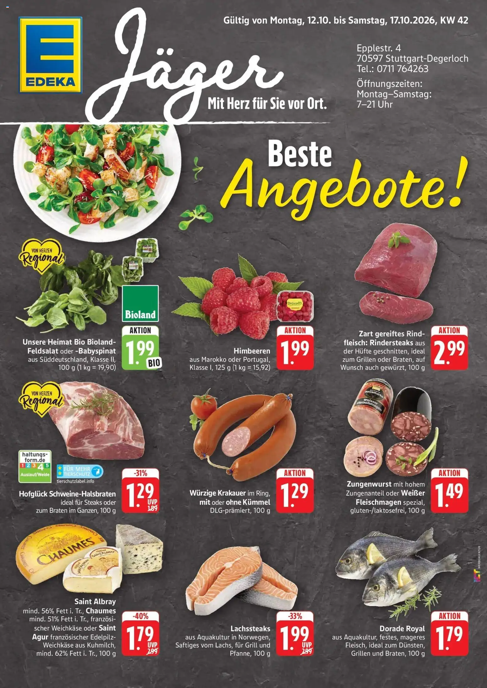 Edeka Prospekt Stuttgart-Degerloch (ab 12.10.2026) » Angebote Online | Seite: 1 | Produkte: Himbeeren, Grill, Fleisch, Uhr