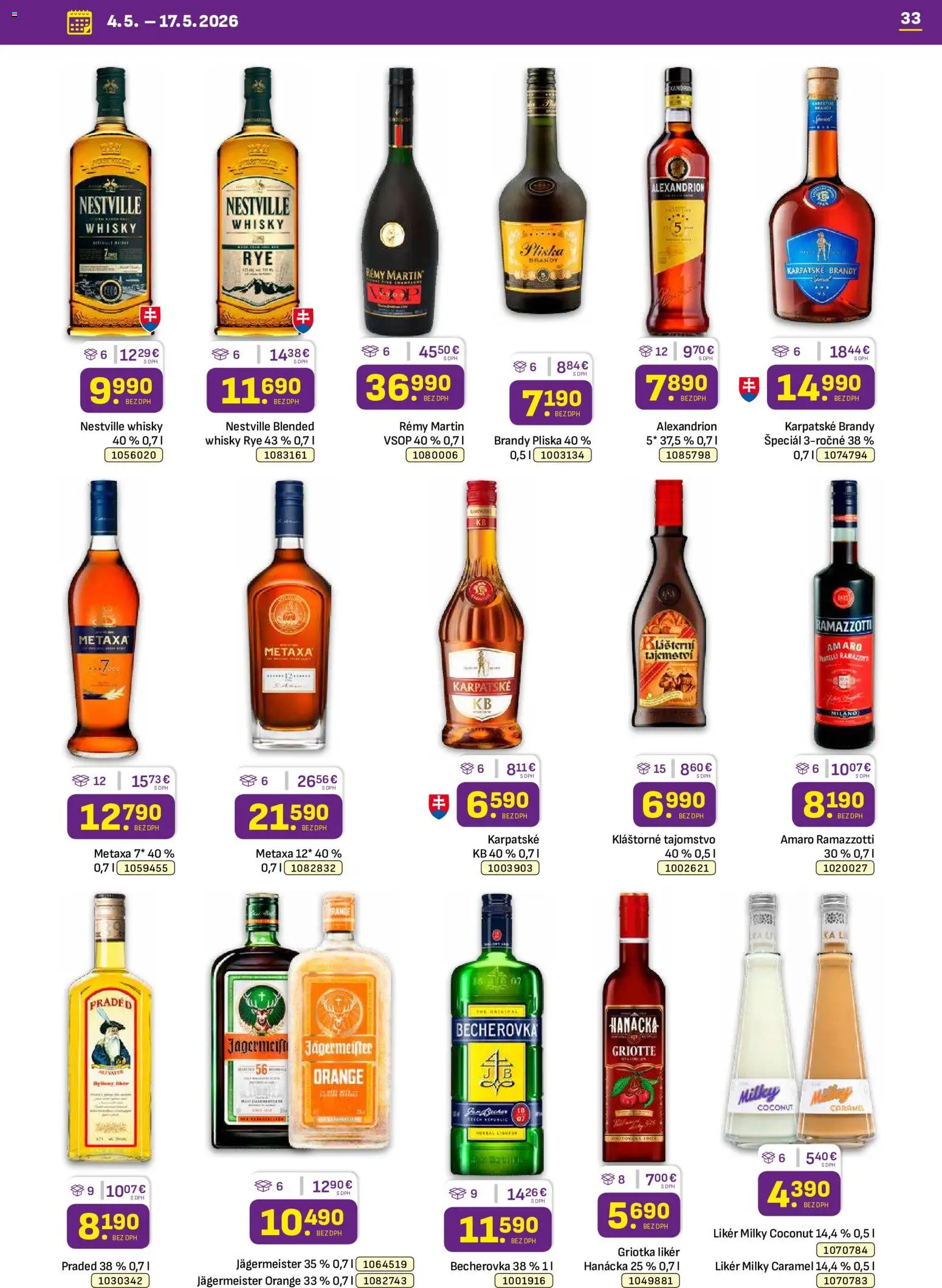 Nové Libex akcie – leták je platný od 04.05.2026 | Strana: 33 | Produkty: Jägermeister, Metaxa, Karpatské brandy, Whisky