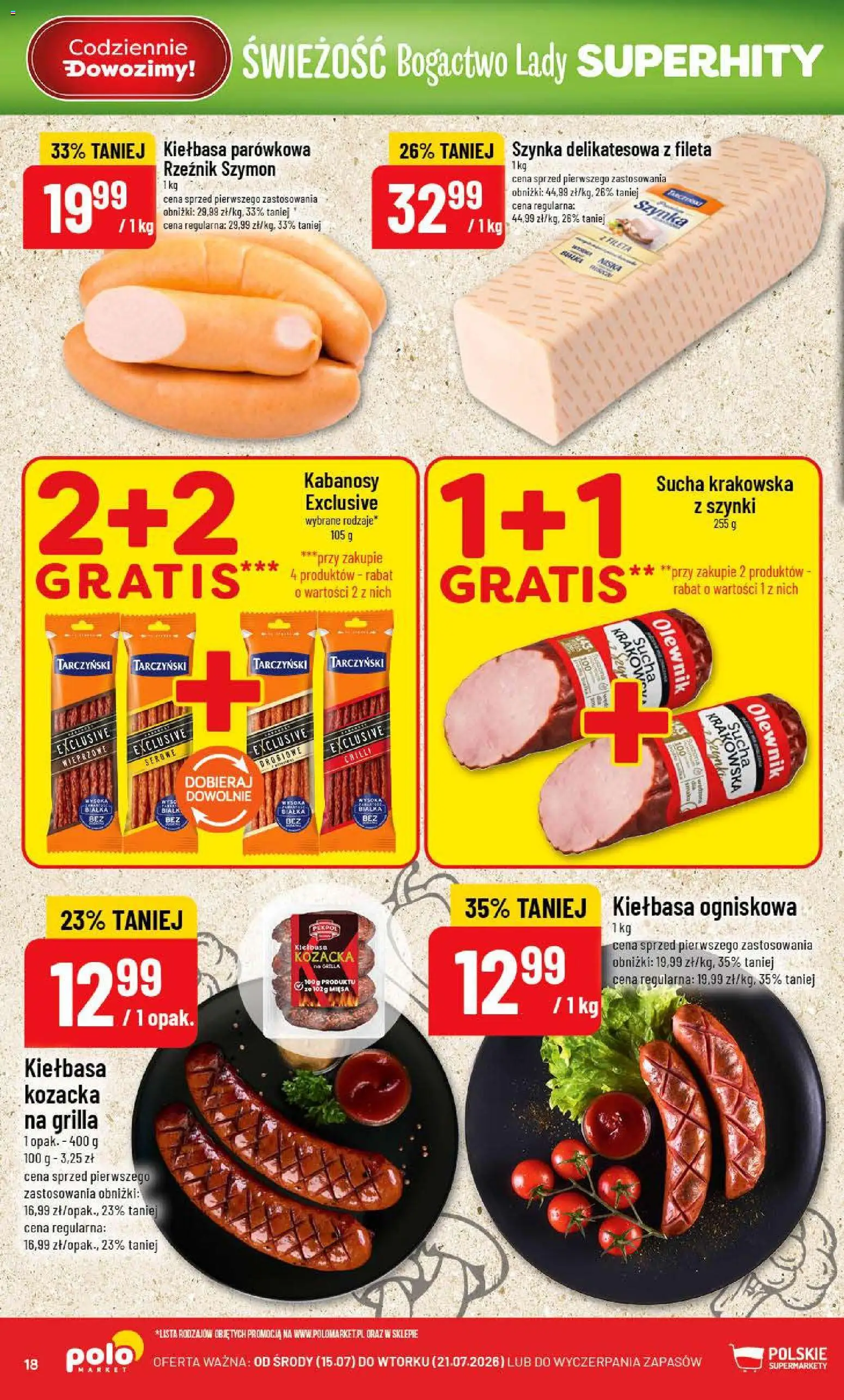 POLOmarket gazetka od 15.07.2026 | Strona: 18 | Produkty: Kiełbasa, Grill, Kabanosy, Krakowska sucha