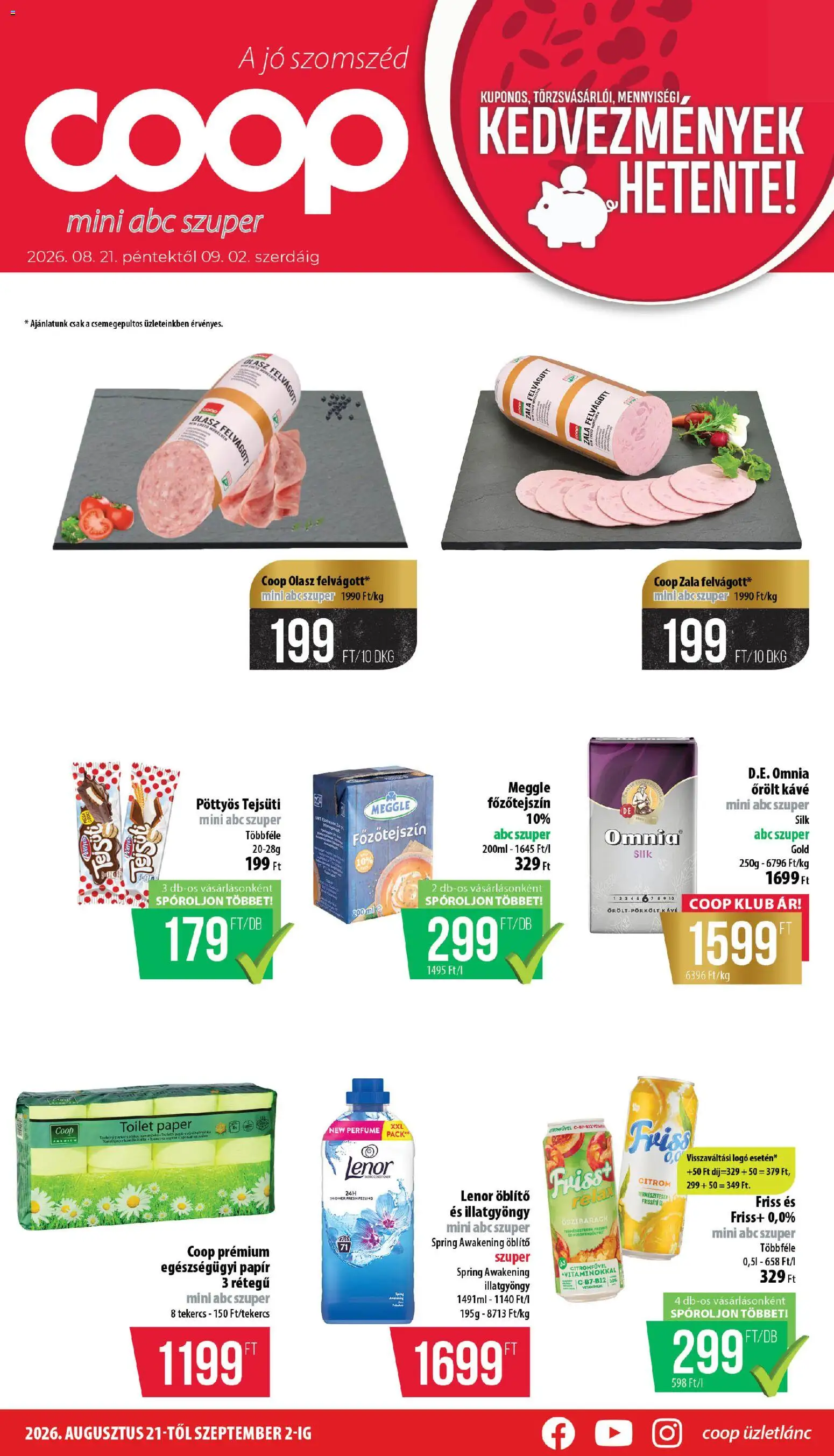 COOP akciós ujság - amely érvényes a következő dátumtól: 2026.08.21. | Oldal: 1 | Termékek: Őszibarack, Lenor, Pöttyös, Öblítő