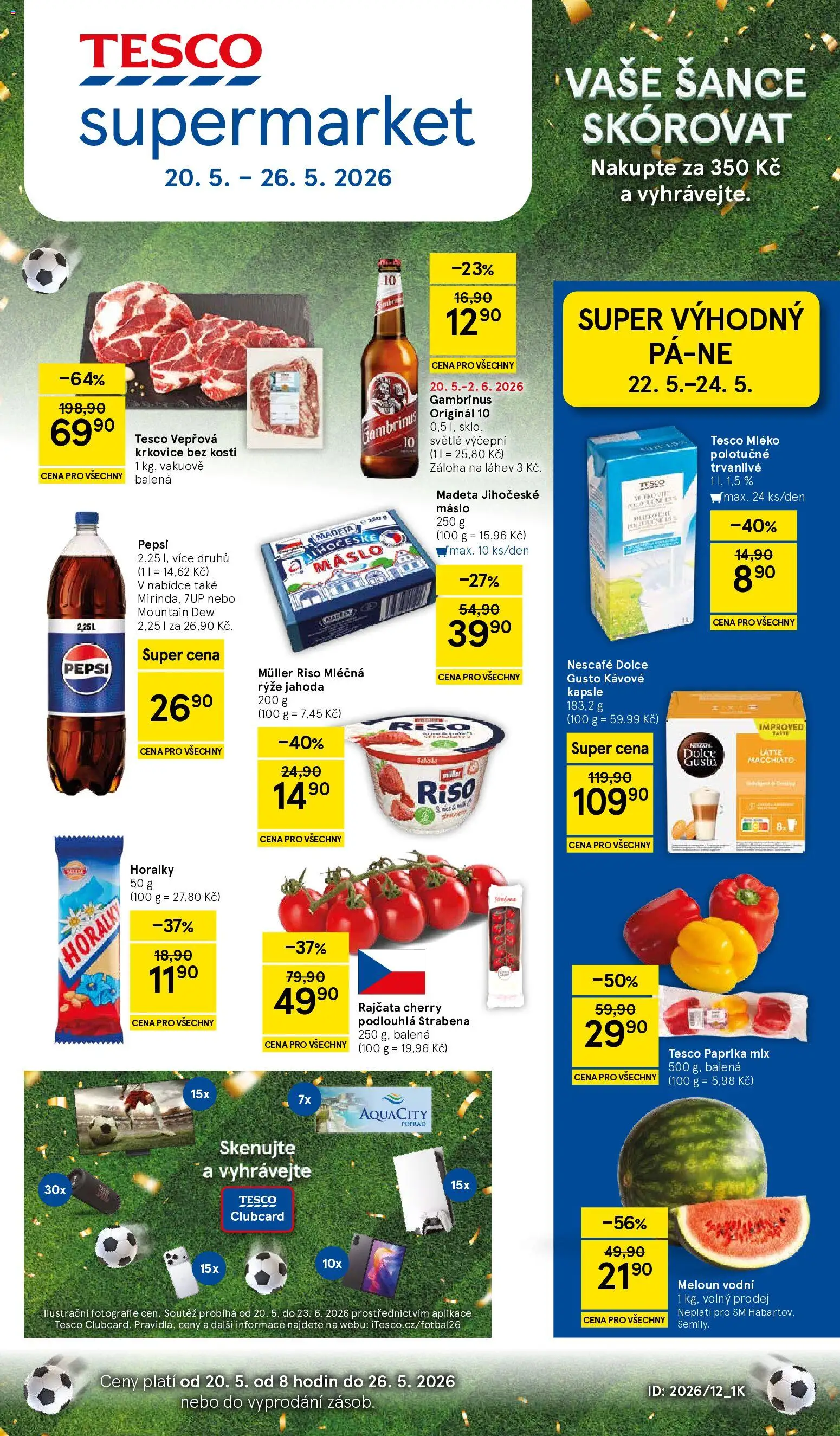 Tesco leták - Supermarket od 20.05.2026 | Strana: 1 | Produkty: Mléko polotučné, Madeta Jihočeské máslo, Krkovice bez kosti, Krkovice