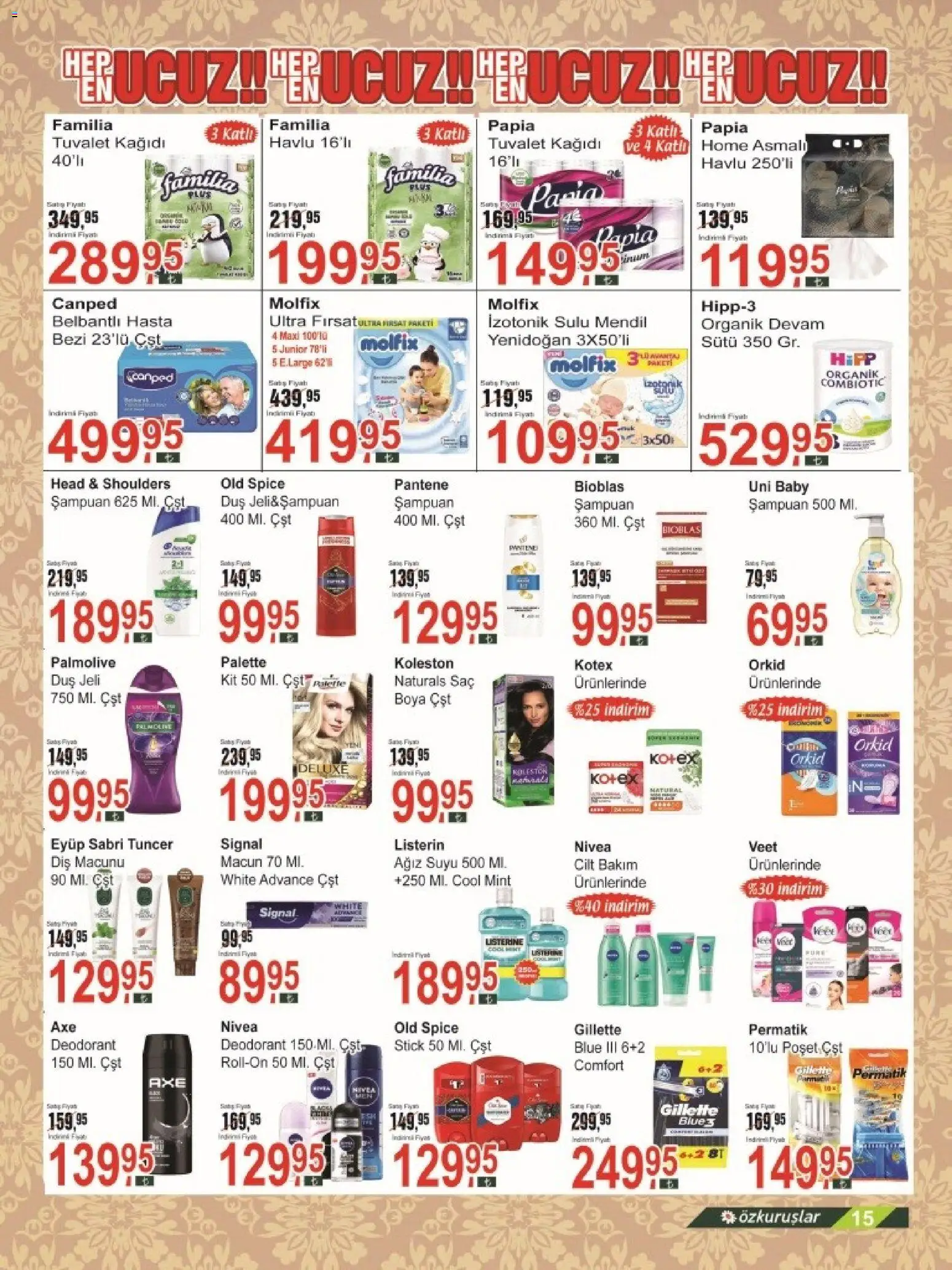Özkuruşlar Katalog - 21.05.2026 tarihinden itibaren geçerlidir | Sayfa: 15 | Ürünler: Tuvalet, Duş, Mendil, Tuvalet kağıdı