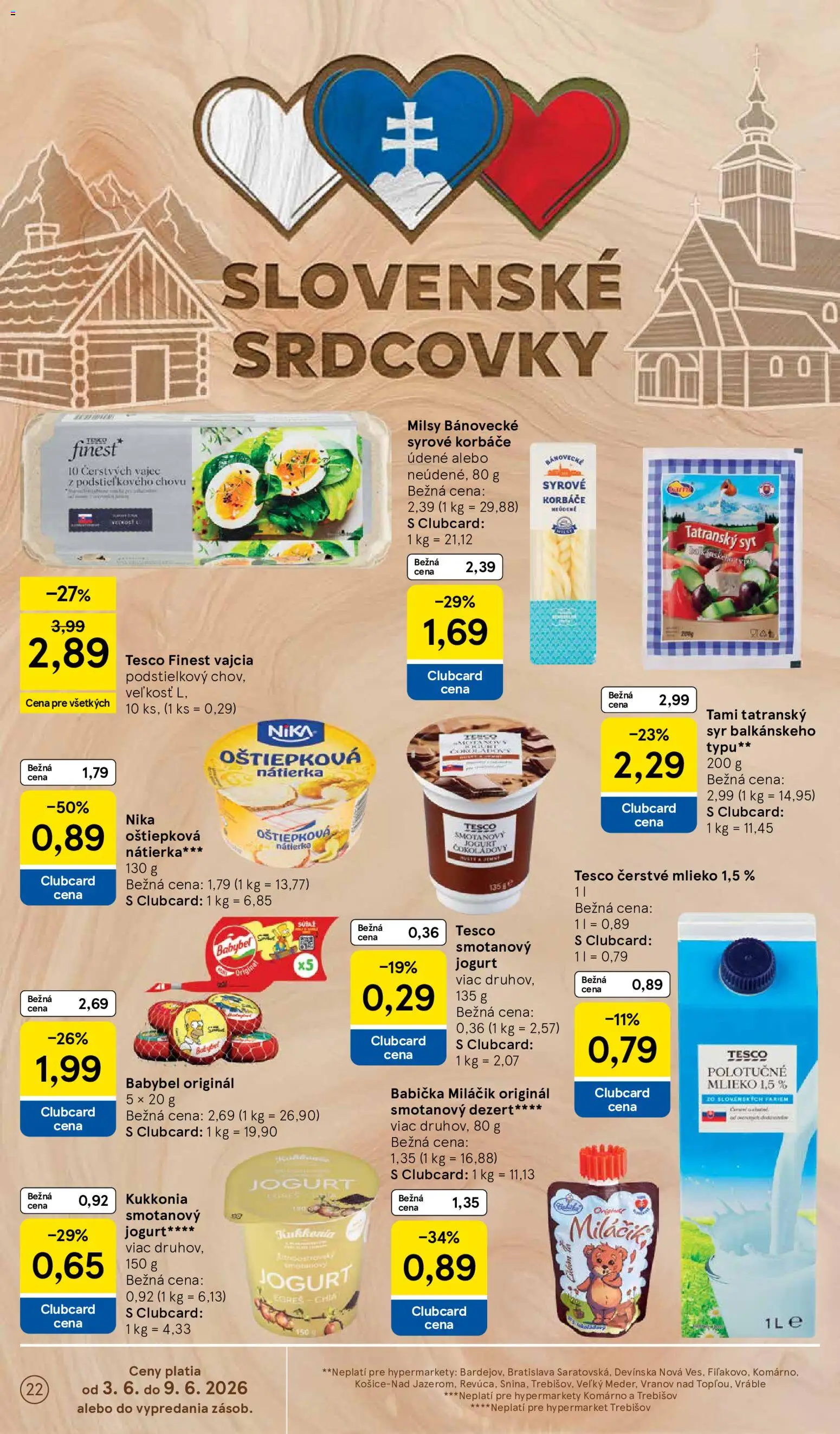 Nové Tesco akcie – leták je platný od 03.06.2026 | Strana: 22 | Produkty: Vajcia, Nátierka, Smotanový jogurt, Dezert