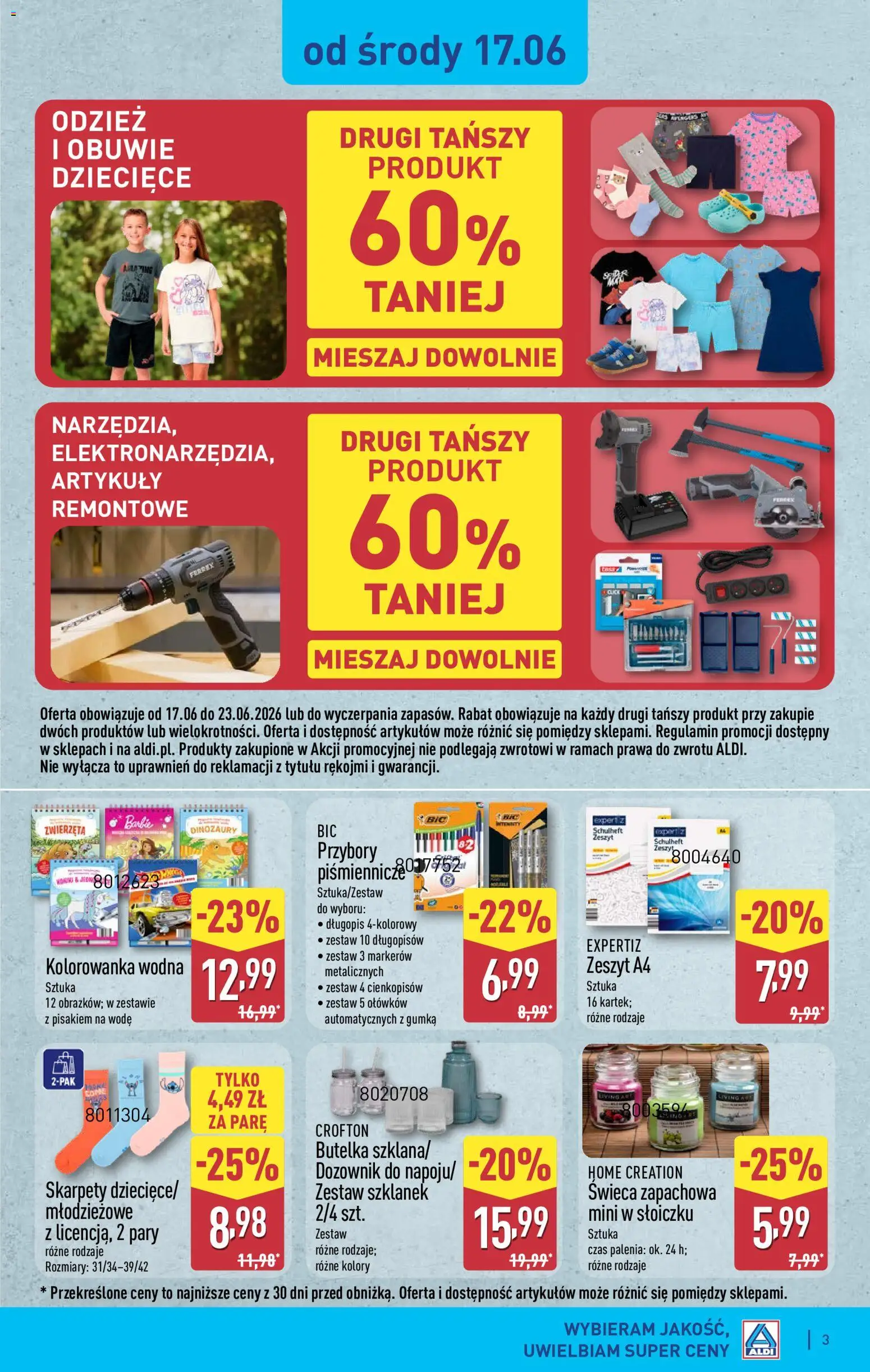 Aldi gazetka - Hity od Środy i od Soboty od 17.06.2026 | Strona: 3 | Produkty: Skarpety, Zeszyt, Barbie