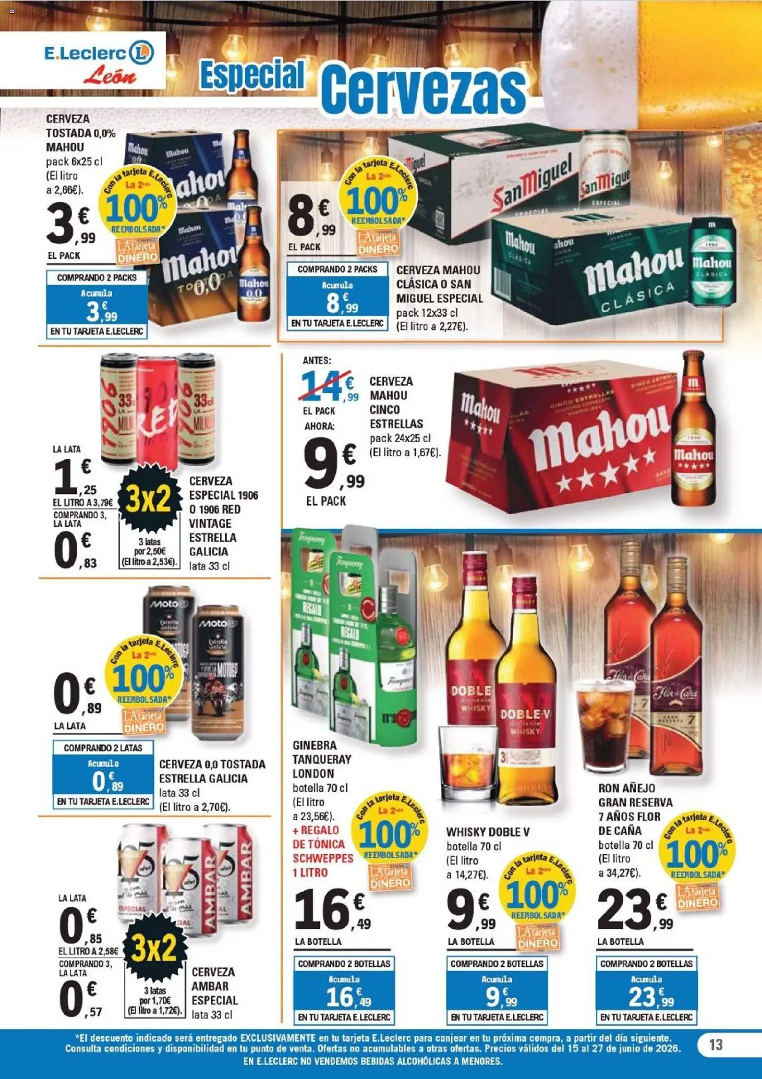 E.Leclerc León │ válido desde el 15.06.2026 | Página: 13 | Productos: Ron, Cerveza, Ginebra, Whisky