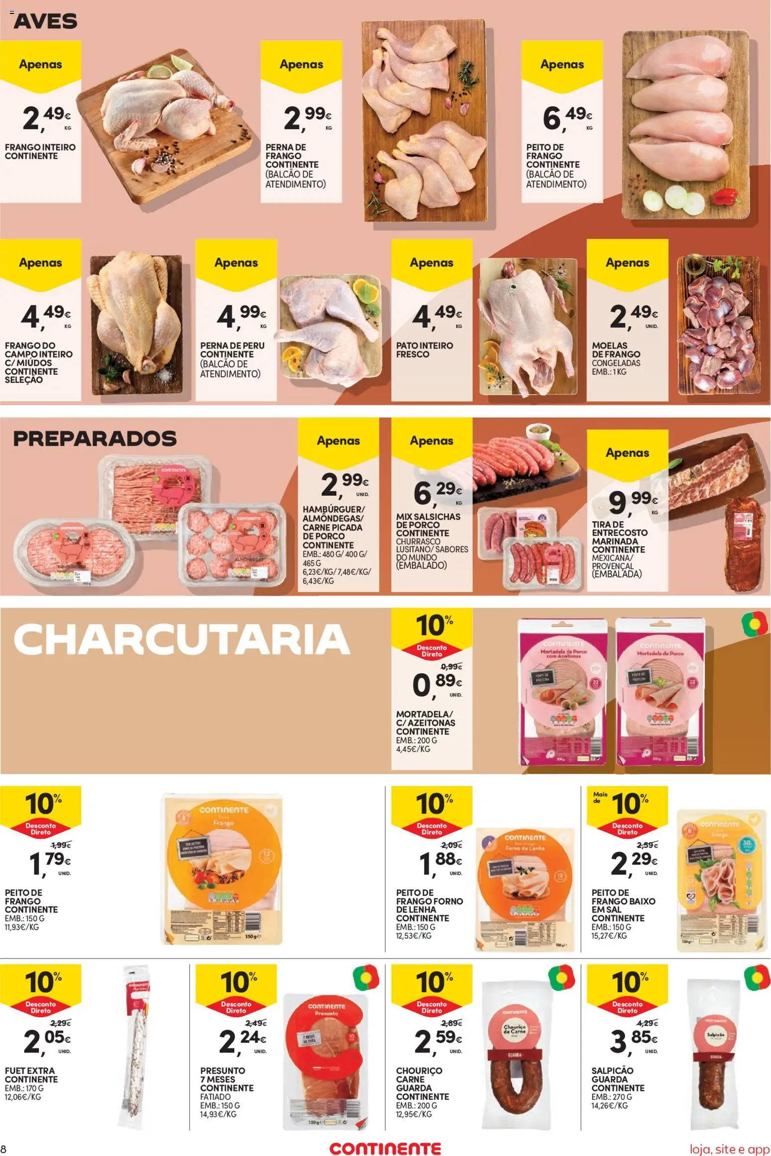 Continente Semanal Continente Bom Dia │ válido de 04/08/2026 | Página: 8 | Produtos: Frango, Peru, Carne picada, Sal