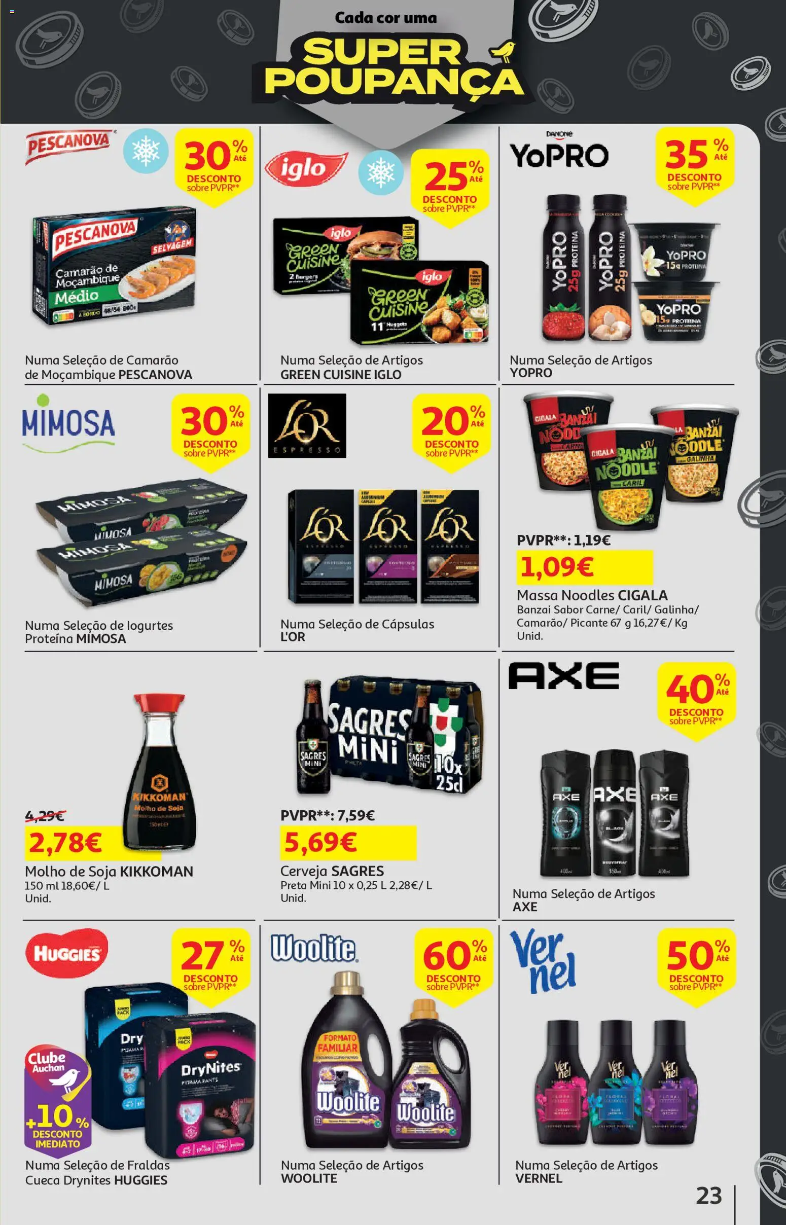 Auchan - Vida no Exterior │ válido de 06.05.2026 | Página: 23 | Produtos: Soja, Fraldas, Camarão, Carne