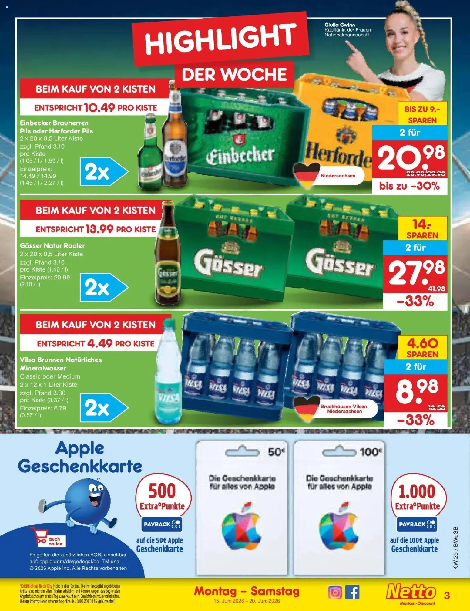 Netto Marken-Discount Prospekt Stemwede-Dielingen – gültig ab 15.06.2026 | Seite: 3 | Produkte: Pils, Mineralwasser, Apple, Radler