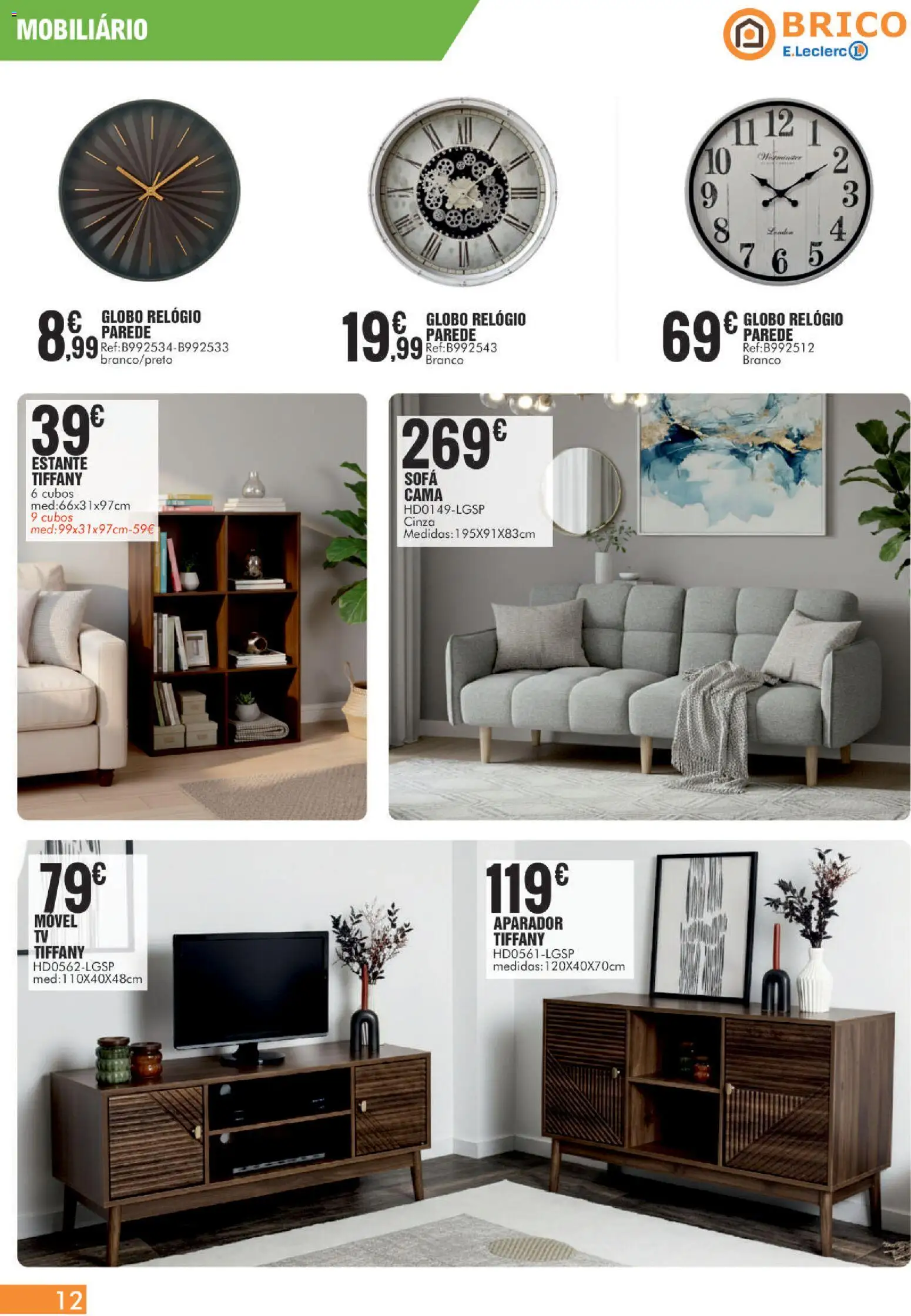 E.Leclerc Folheto Brico Lamego │ válido de 16.05.2026 | Página: 12 | Produtos: Relógio, Cama, Sofá, Aparador