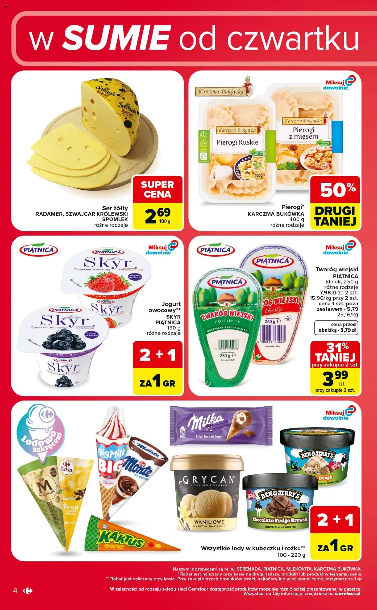Carrefour gazetka - Weekend okazji od 23.07.2026 | Strona: 4 | Produkty: Ser żółty, Pierogi, Twaróg, Lody