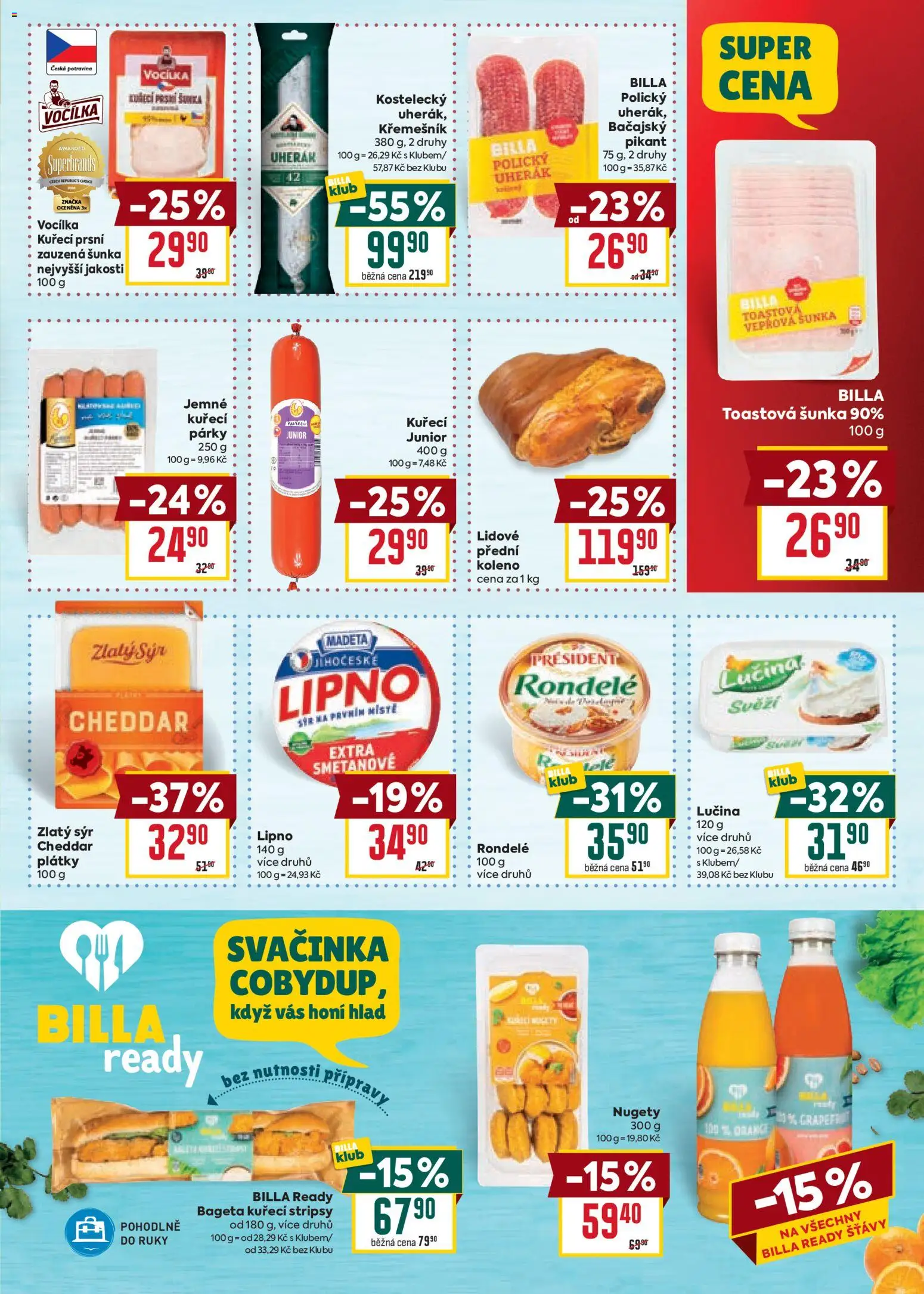 Billa Velký leták od 22.07.2026 | Strana: 15 | Produkty: Párky, Kuřecí stripsy, Cheddar, Nugety