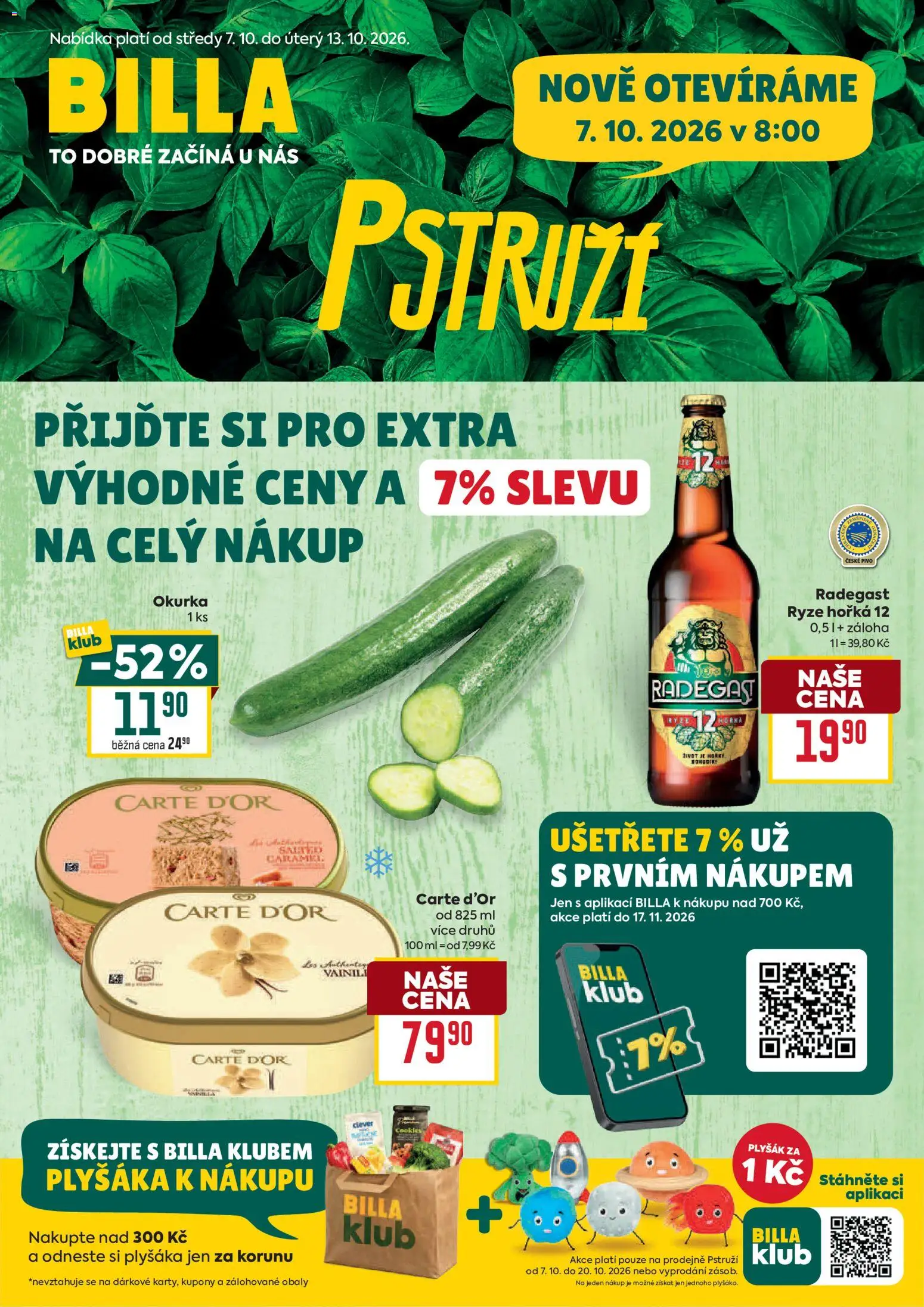 Billa leták - Pstruží od 07.10.2026 | Strana: 1 | Produkty: Cookies, Carte d'or, Plyšák, Okurka