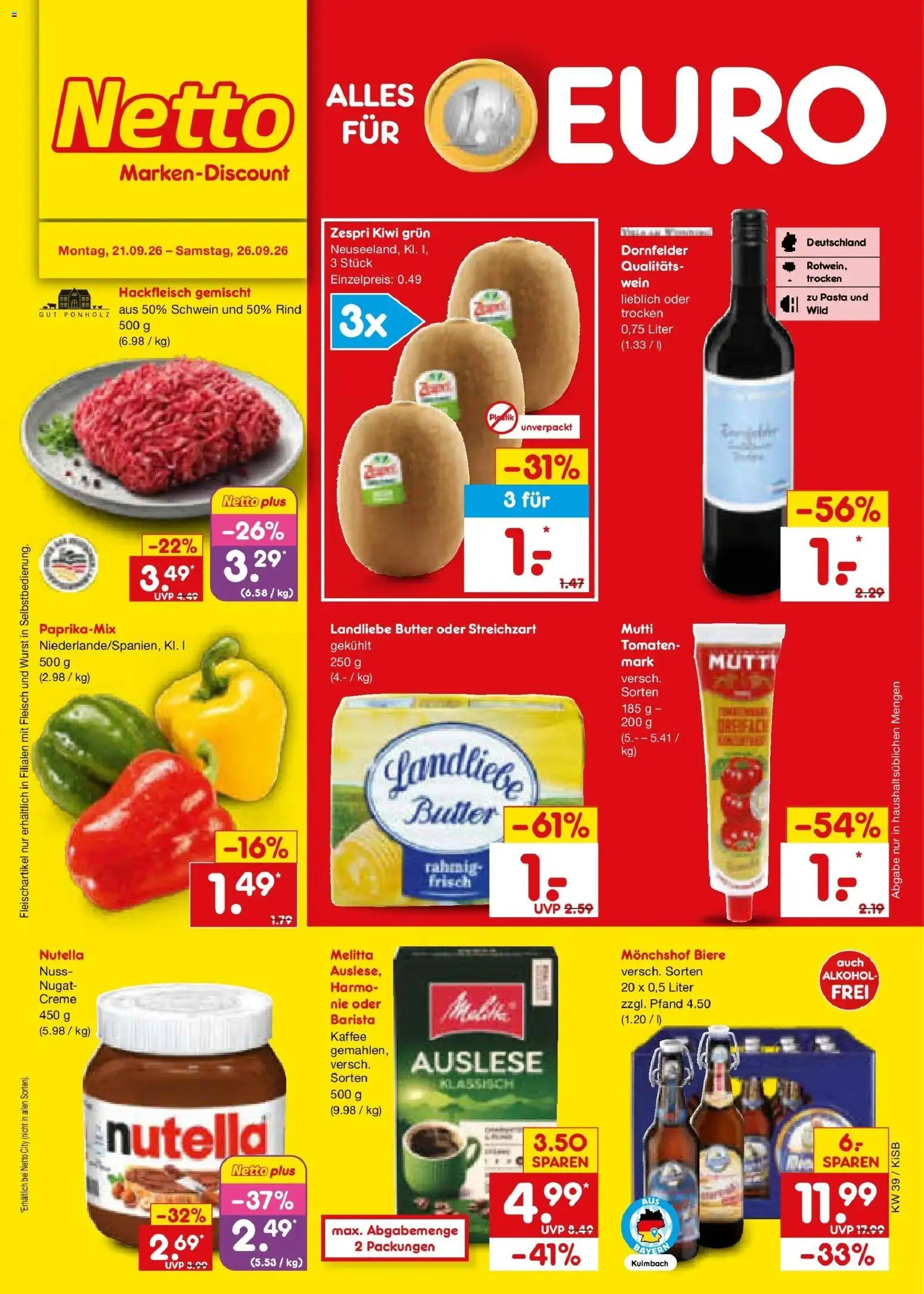 Netto Marken-Discount Prospekt Bad Friedrichshall – gültig ab 21.09.2026 | Seite: 1 | Produkte: Kaffee, Tomaten, Creme, Kiwi