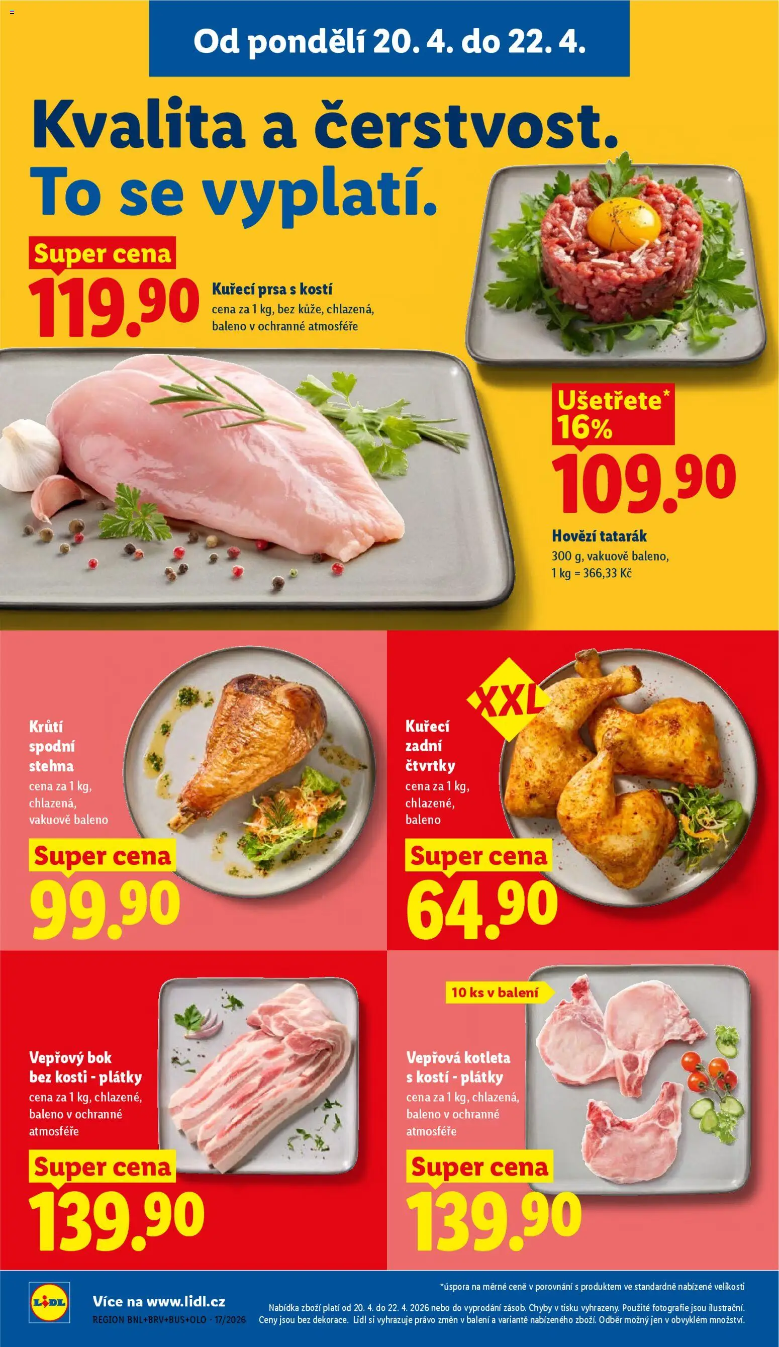 Lidl leták od 20.04.2026 | Strana: 10 | Produkty: Kuřecí prsa, Vepřový bok, Vepřová kotleta bez kosti, Hovězí tatarák