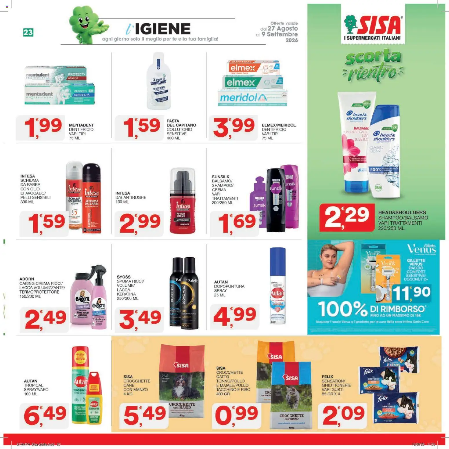 Volantino SISA del 27/08/2026 | Pagina: 23 | Prodotti: Schiuma da barba, Tacchino, Olio, Crocchette