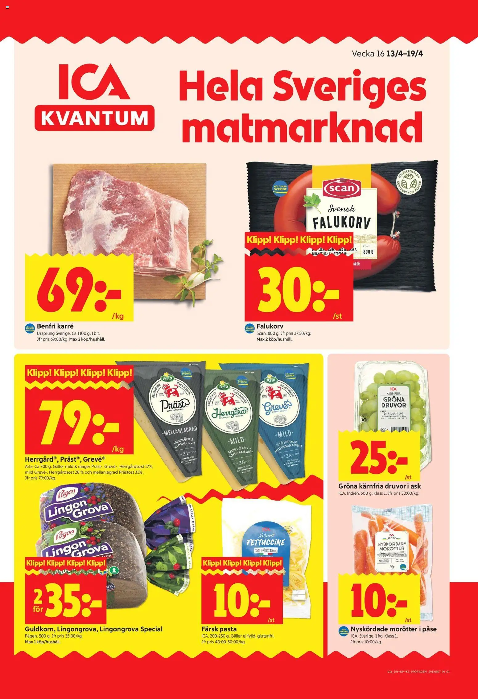 ICA Kvantum reklamblad aktuell från 13.04.2026 | Sida: 1 | Produkter: Salt, Lingongrova, Falukorv, Pasta