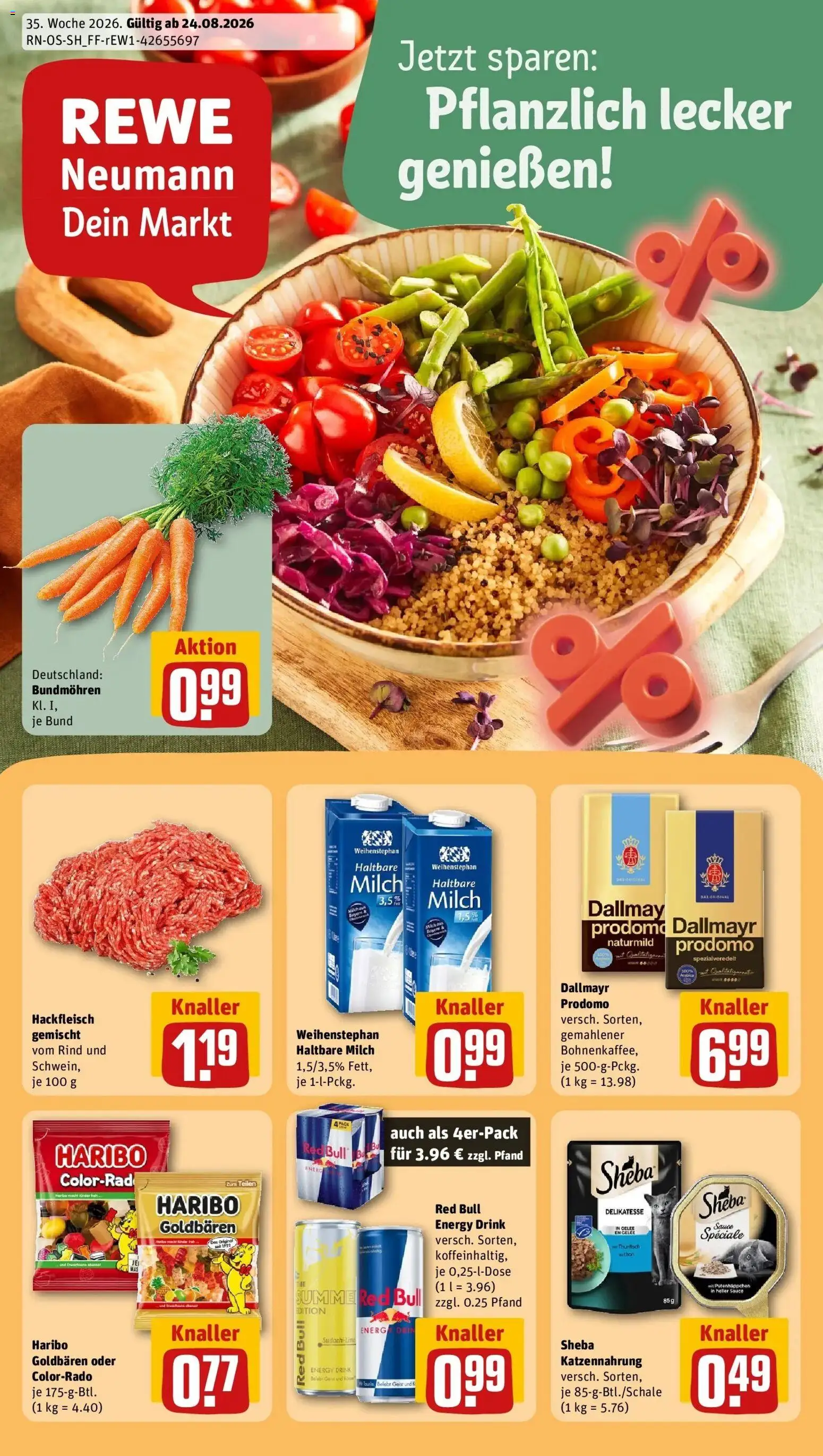 REWE Prospekt ab 24.08.2026 zum Blättern » Angebote | Seite: 1 | Produkte: Red bull, Milch, Energy, Hackfleisch