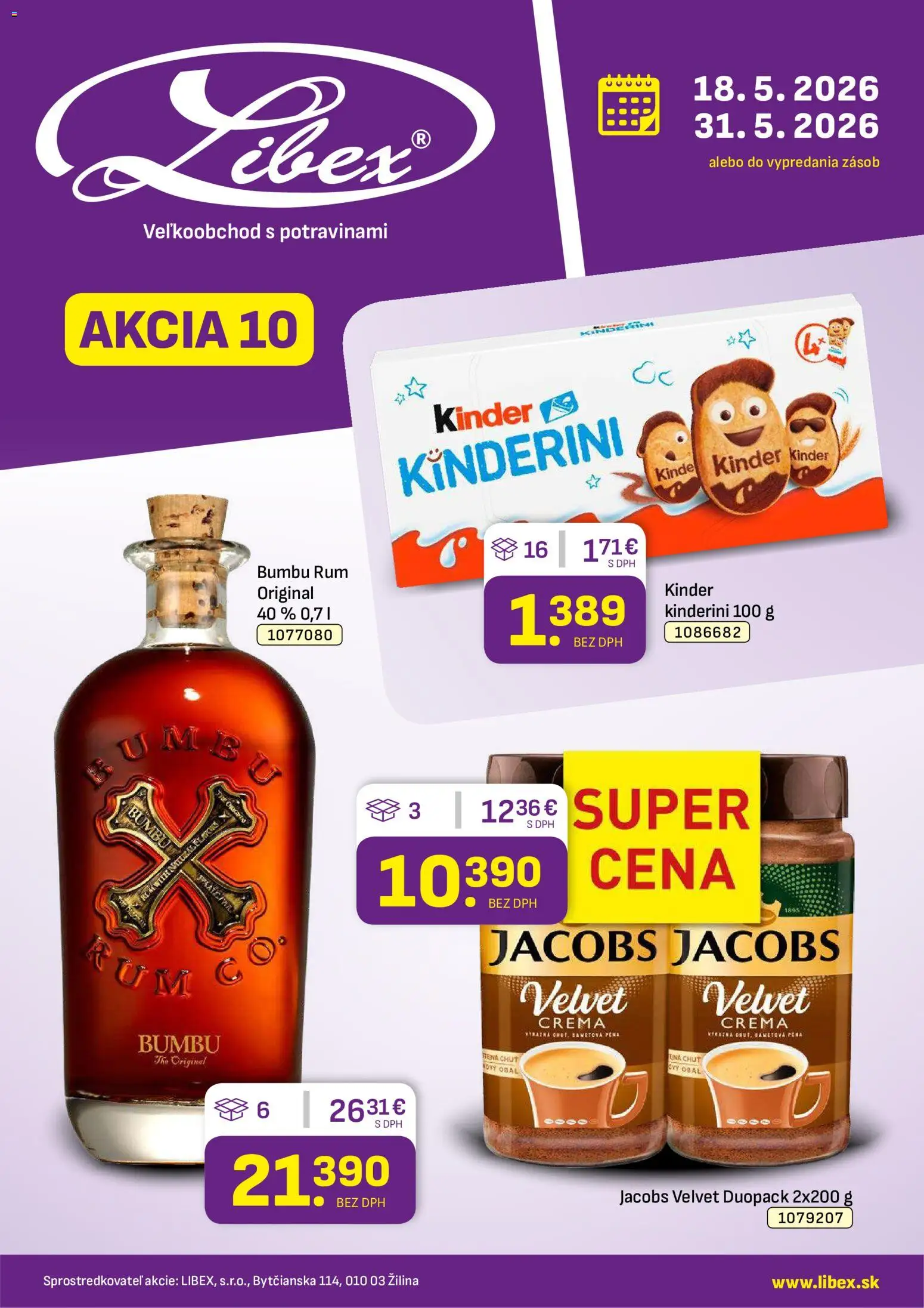 Nové Libex akcie – leták je platný od 18.05.2026 | Strana: 1 | Produkty: Jacobs Velvet, Kinder, Rum