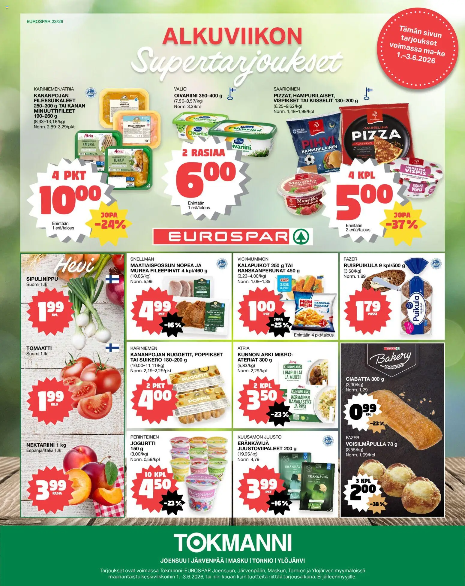 Tokmanni - EUROSPAR – voimassa 01.06.2026 alkaen | Sivu: 1 | Tuotteet: Ranskanperunat, Jauheliha, Nektariini, Pihvi
