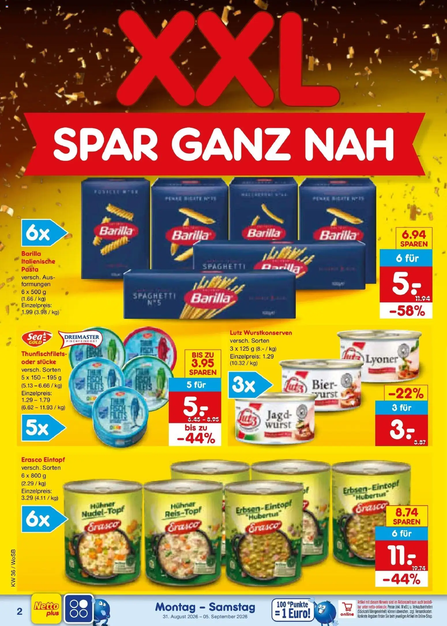 Netto Marken-Discount Prospekt Mannheim (ab 31.08.2026) » Angebote | Seite: 4 | Produkte: Bier, Spaghetti, Wurst, Pasta
