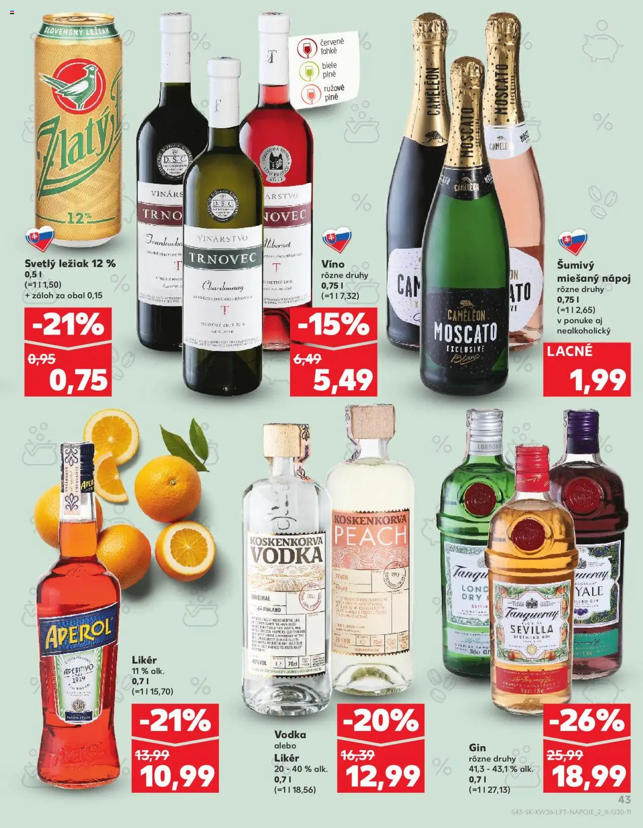 Nové Kaufland akcie – leták je platný od 04.09.2025 | Strana: 43 | Produkty: Zlatý Bažant, Gin, Vodka, Aperol