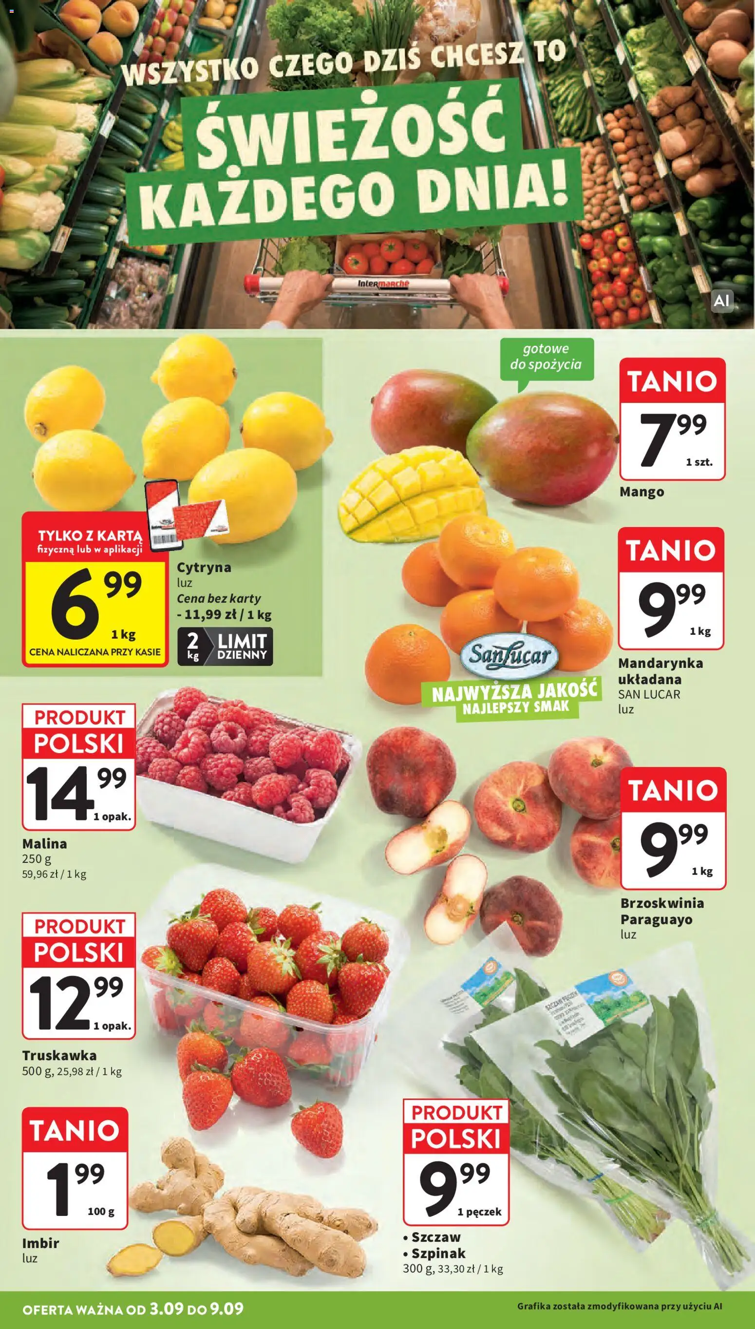 Intermarche gazetka od 03.09.2026 | Strona: 12 | Produkty: Brzoskwinia, Malina, Imbir, Szpinak